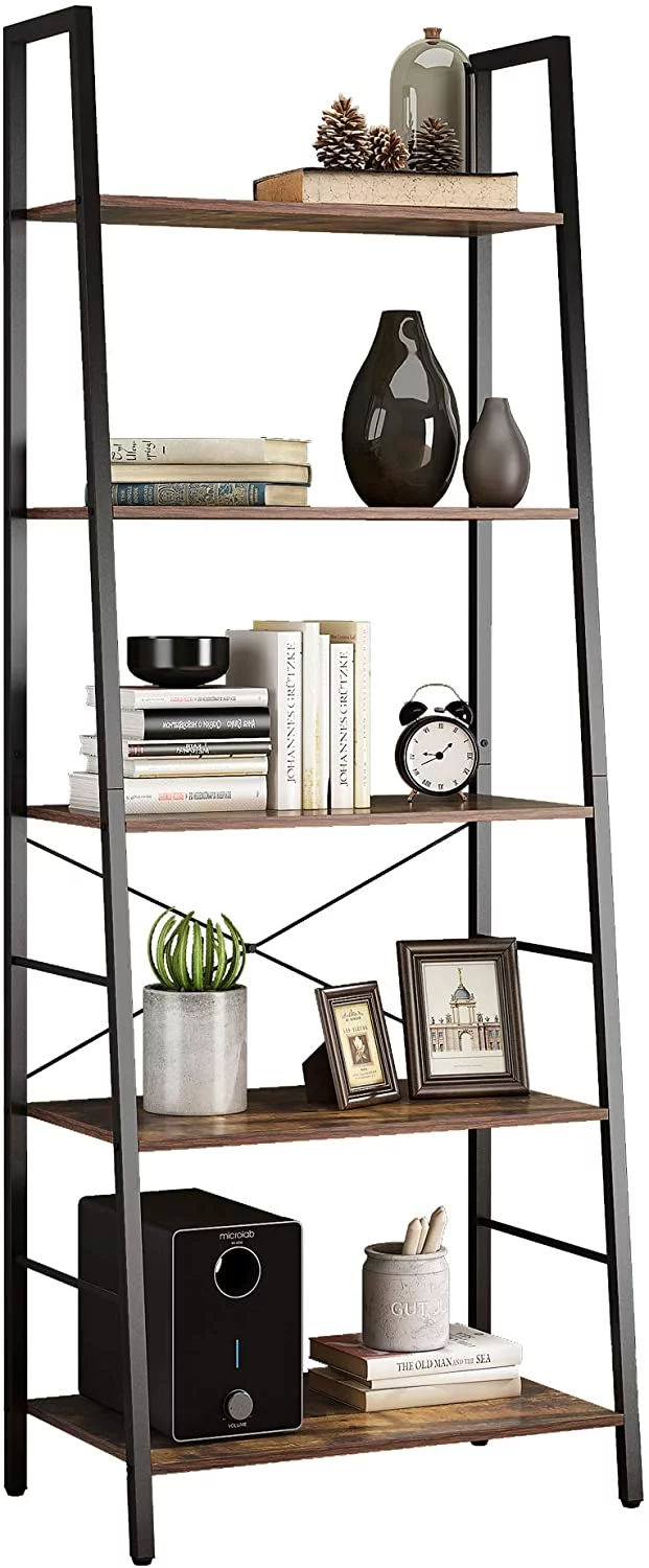 Ladder Shelf,Industrial 5-Tier Bookshelf, Free Standing Bookcase,Utility Organizer Shelves for Plant Flower ,Wood Look Accent Furniture with Metal Frame for Home Office,Rustic Brown