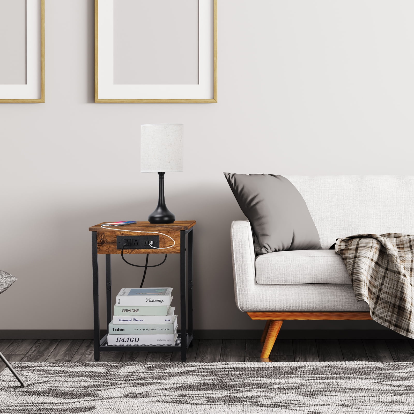 Nightstand End Table with Charging Station Brown, Set of 2