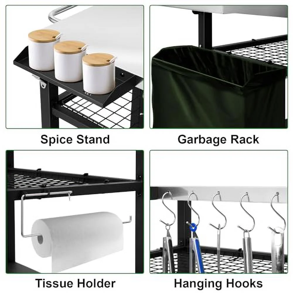 EDOSTORY Outdoor Grill Cart Table Pizza Oven Stand, Three-Shelf Stainless Steel Food Prep Table Patio BBQ Grill Table Bar Cart Kitchen Island with Wheels