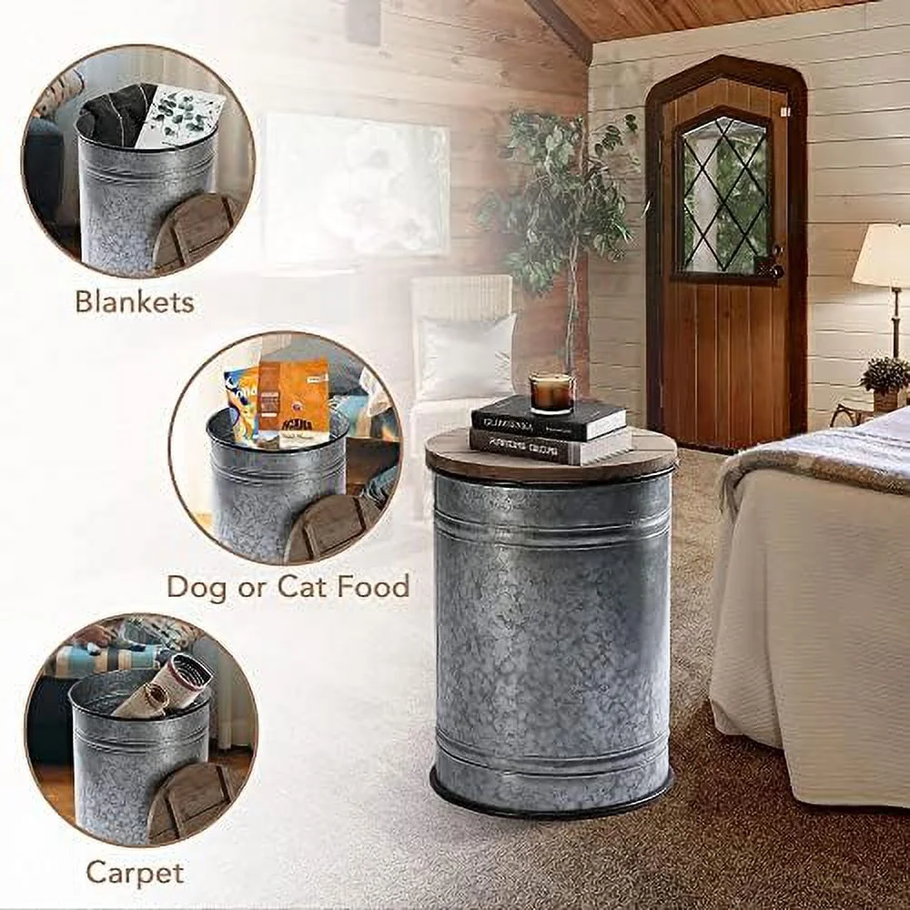 WTYNKAE Rustic  Ottoman Seat Stool  Farmhouse Accent   Antique Galvanized Metal End Table Box Bin with Round Wooden Lid  (Stand Galvanized)