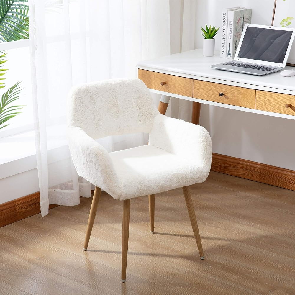 ZFGSUIJN Faux Fur Desk Chair  Mid-Century  Faux Fur Chair  Comfy Armchair with Solid Painting Steel Leg  Dining Room  Home Vanity  Office Desk Chair