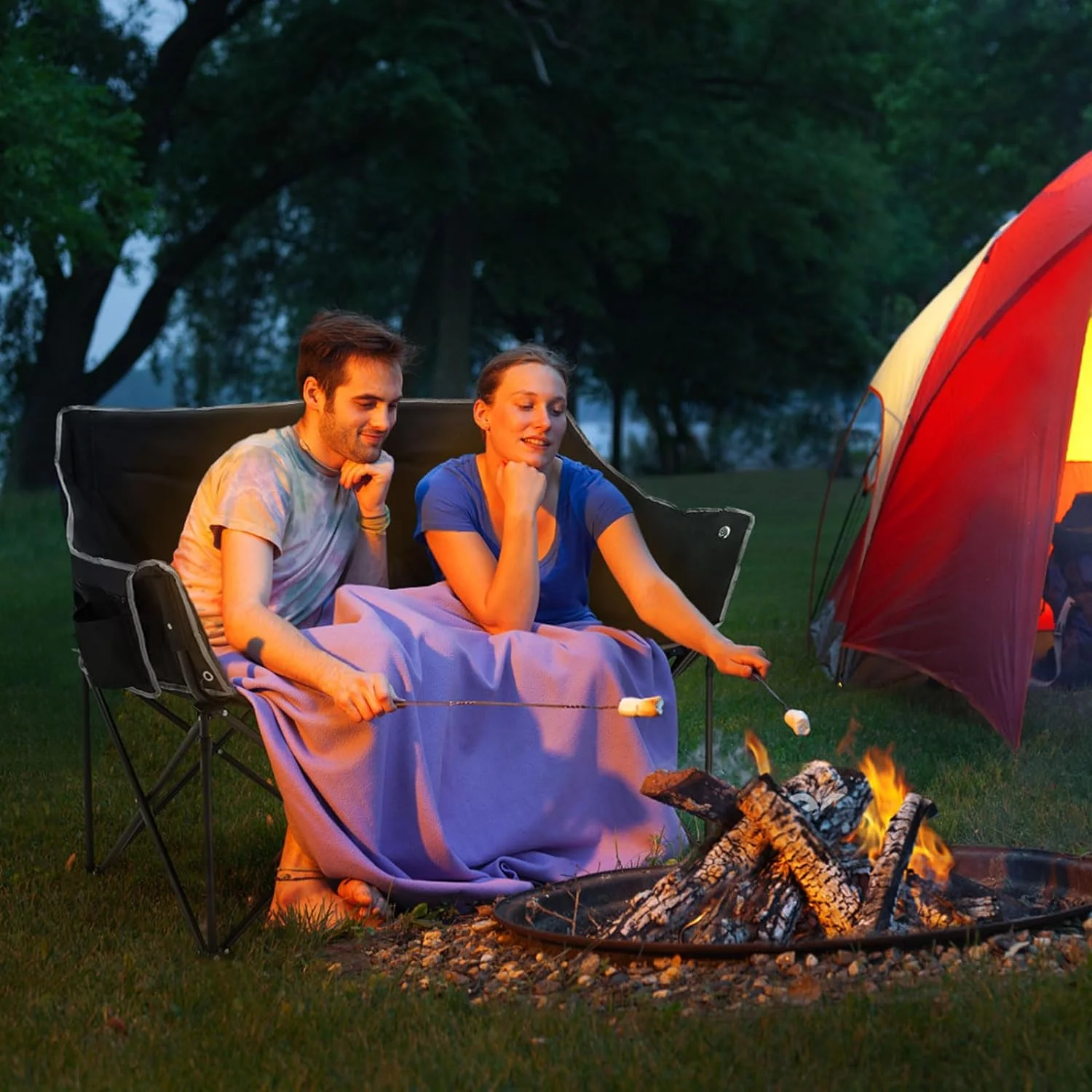 Heated Double Camping Chair, Portable Heated Folding Chair Outdoor Sports, Oversized 2-Person Folding Chair Padded Heating Camping Chair Lawn Chair Patio Lounge Chairs for Adults