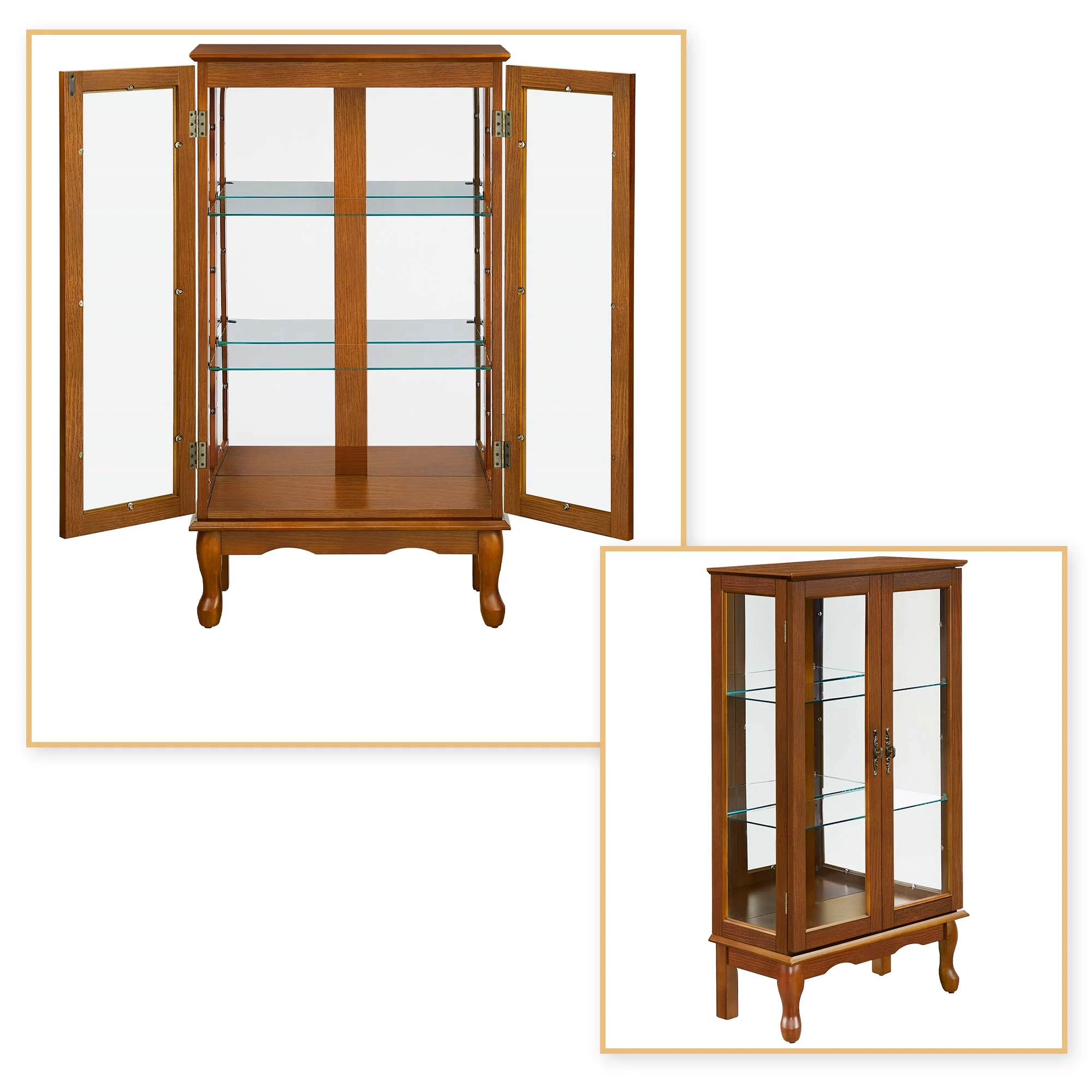 Vintage Elegant Freestanding Wooden Storage Cabinet with Two Glass Doors and Sides, Oak