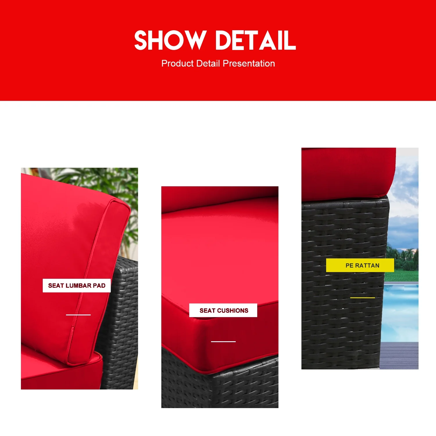 Red 3-Piece Rattan Woven Leisure Chair Set，With Tempered Glass Table，Outdoor Wicker Furniture Conversation Set Patio Furniture，Suitable for Restaurants or Backyard Lawn Balconies