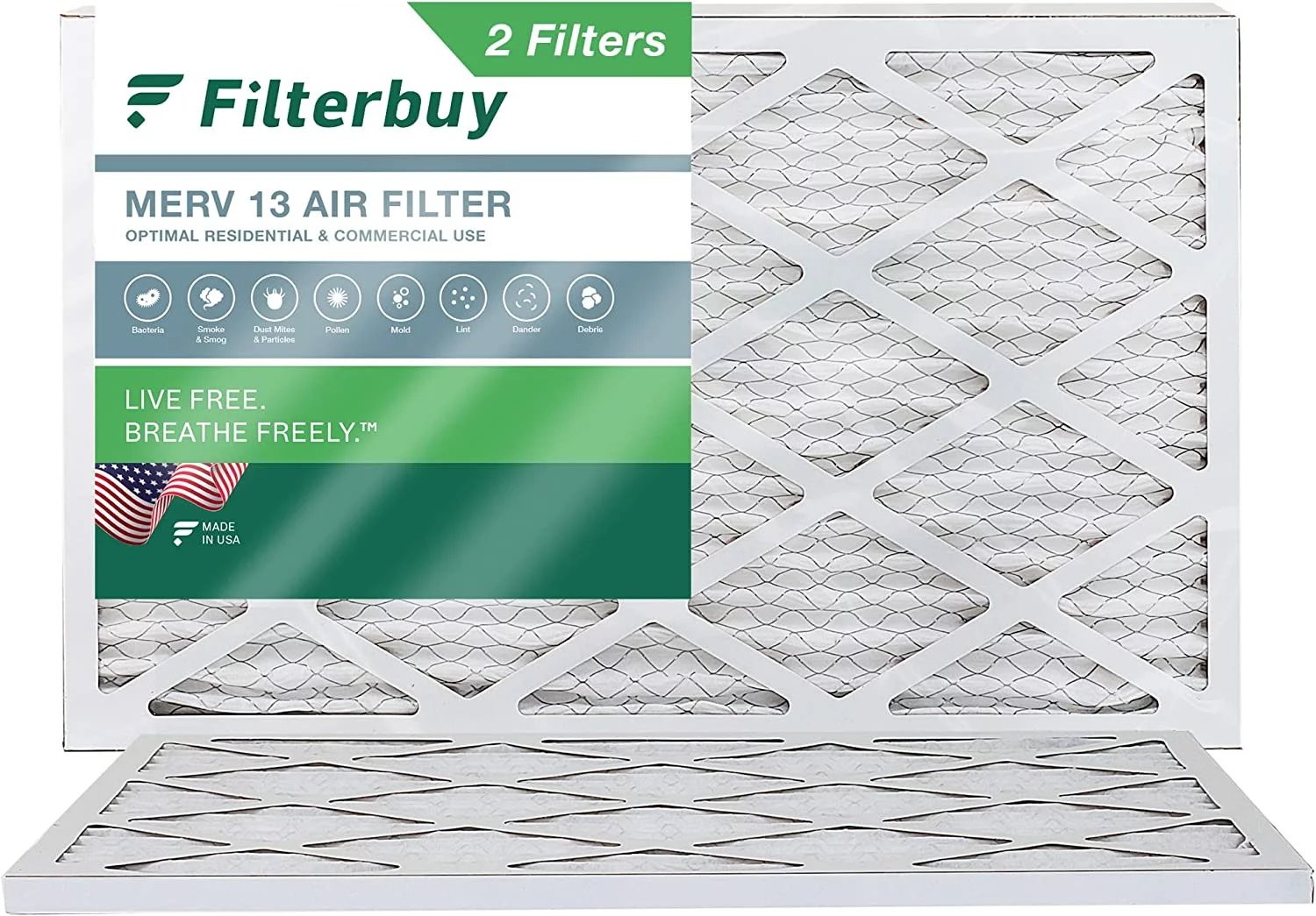Filterbuy 12.5x21x1 MERV 13 Pleated HVAC AC Furnace Air Filters (2-Pack)