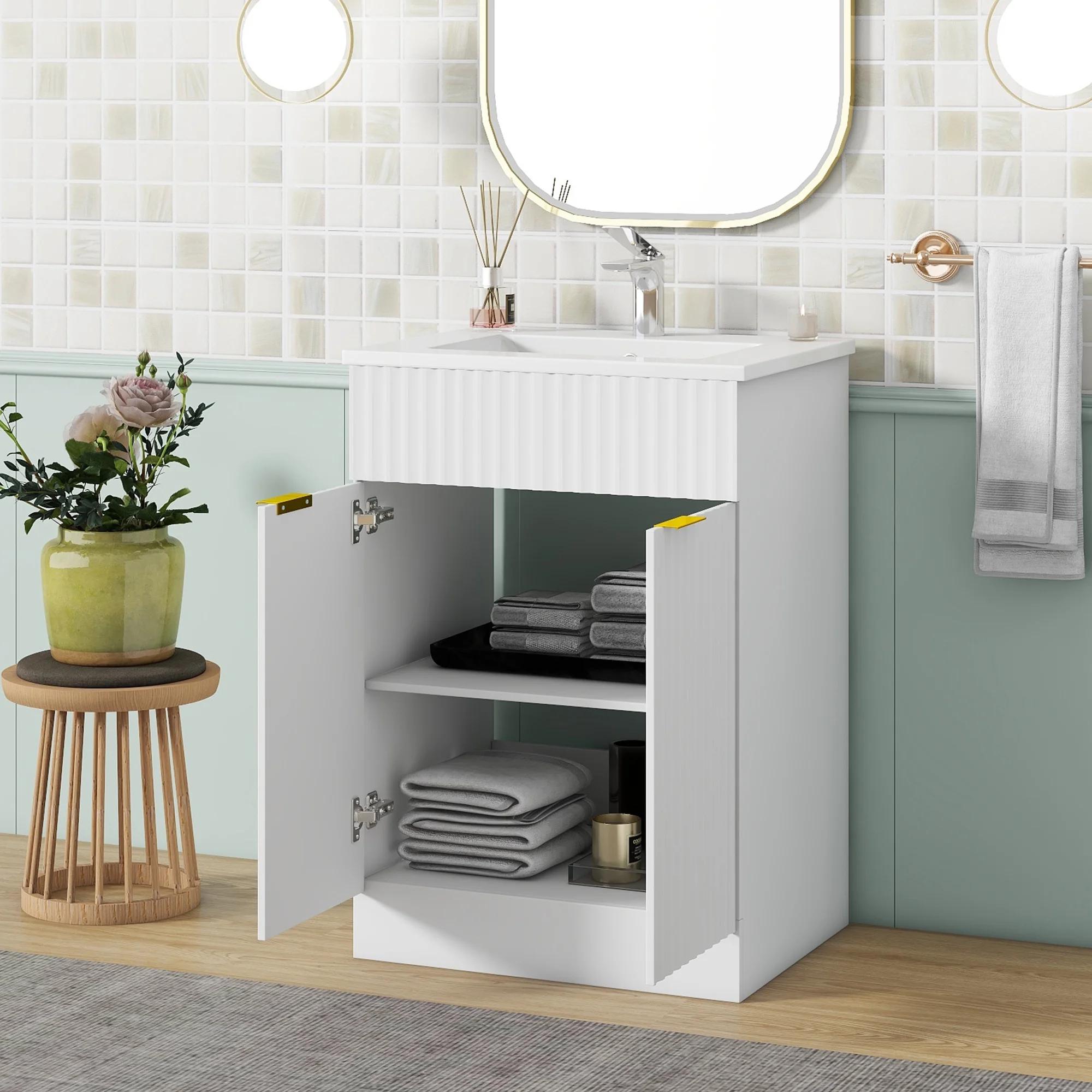 24 inch Modern Bathroom Vanity for Small Bathroom,White Storge Cabinet with Ceramic Sink