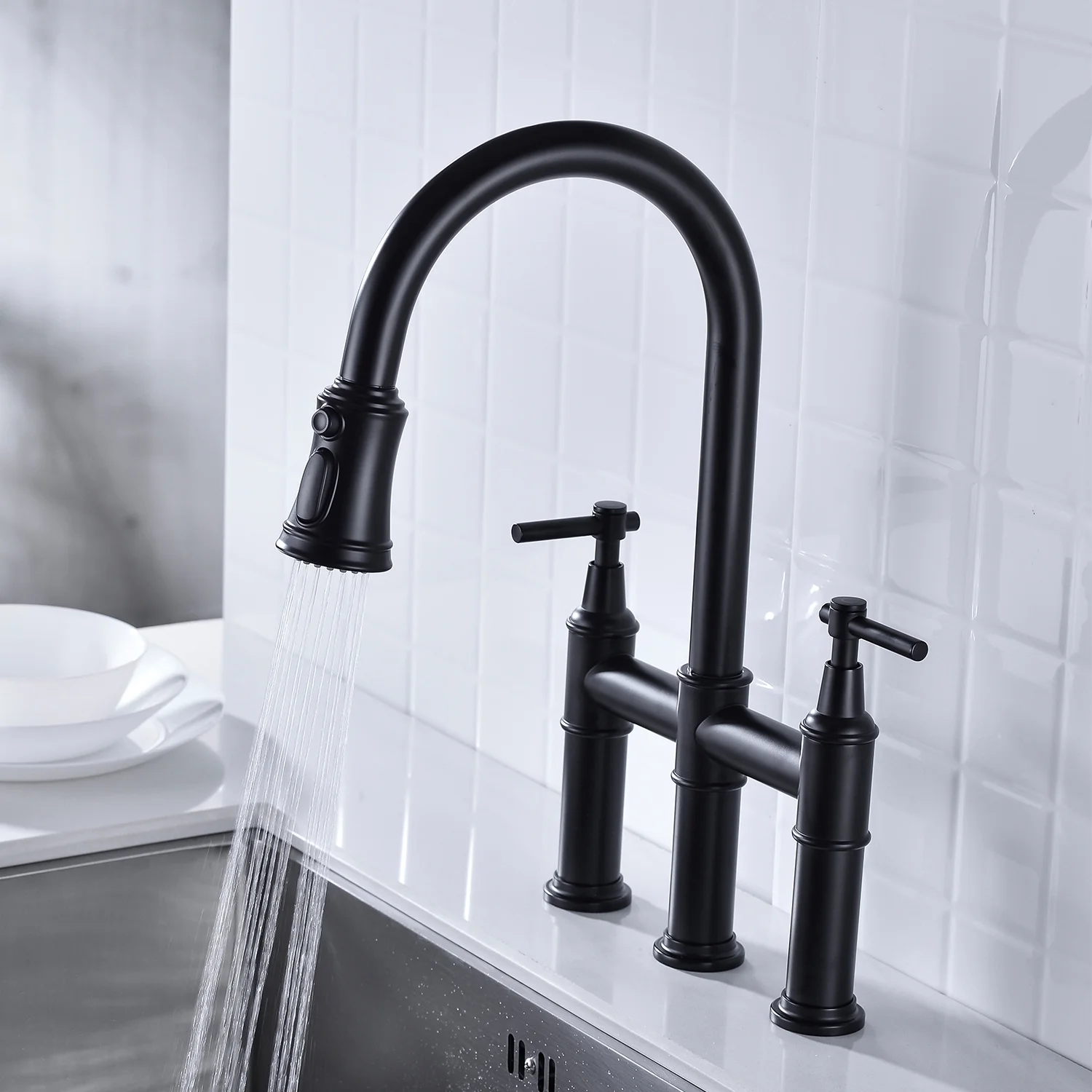 Kitchen Faucet with Pull Down Double Handle, Easy Installation, High Arc
