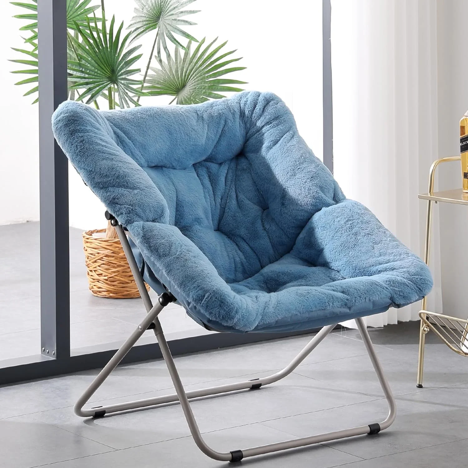Comfy Saucer Chair, Soft Faux Fur Oversized Folding Chair, Flexible Lounge Lazy Chair for Kids Girls Teens Adults, Moon Chair for Dorm Rooms, Bedroom, Living Room