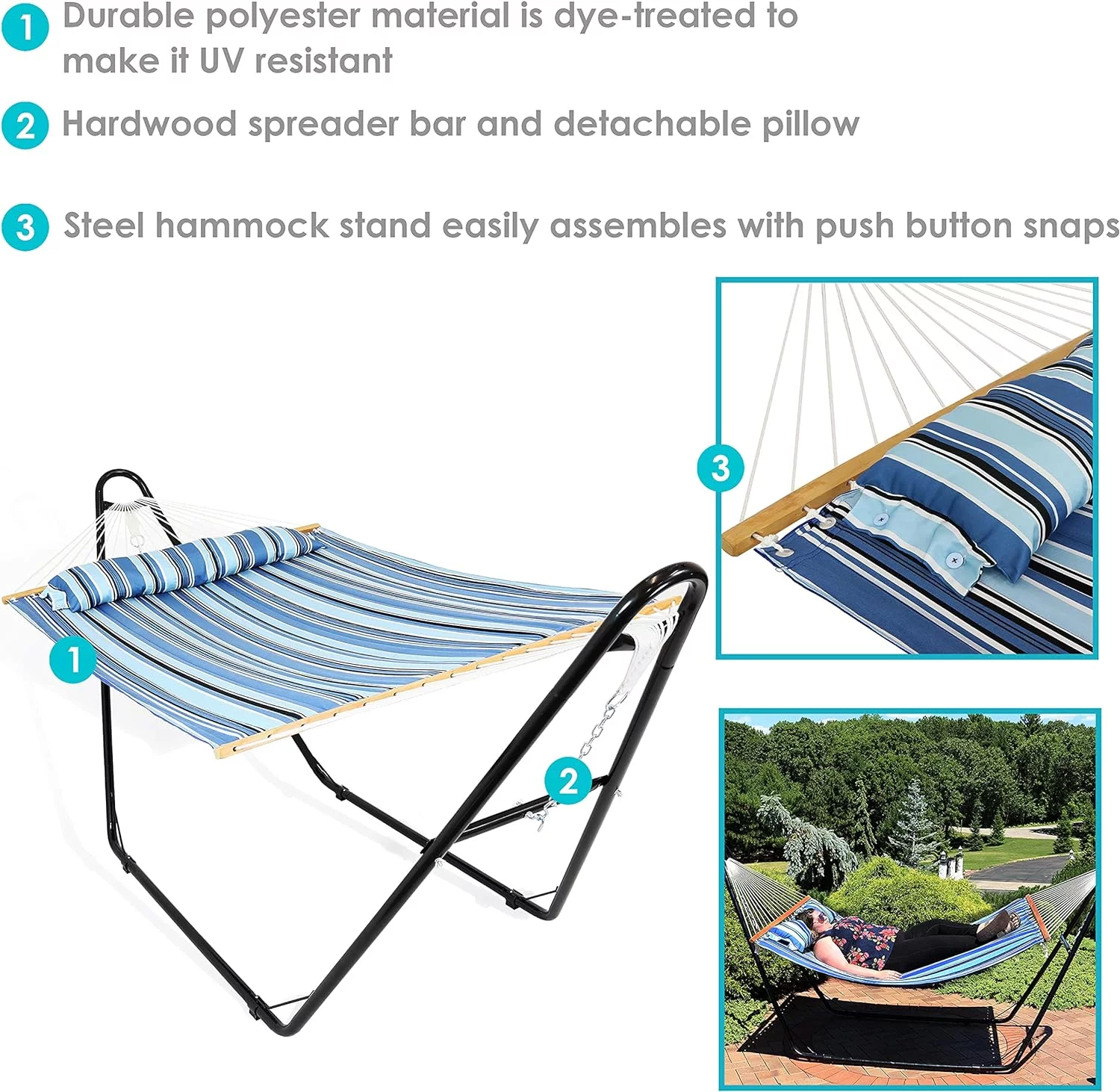 Double Quilted Fabric Hammock With Universal Steel Stand - 450-Pound Capacity - Black Stand - Misty Beach