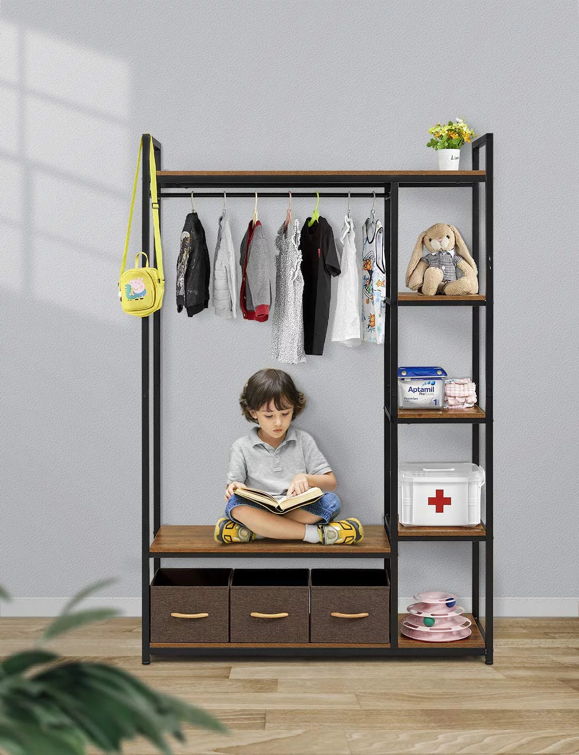 Homfa Clothes Rack, 47.24'' Wardrobe Closet, Freestanding Garment Rack with Shelves, Brown