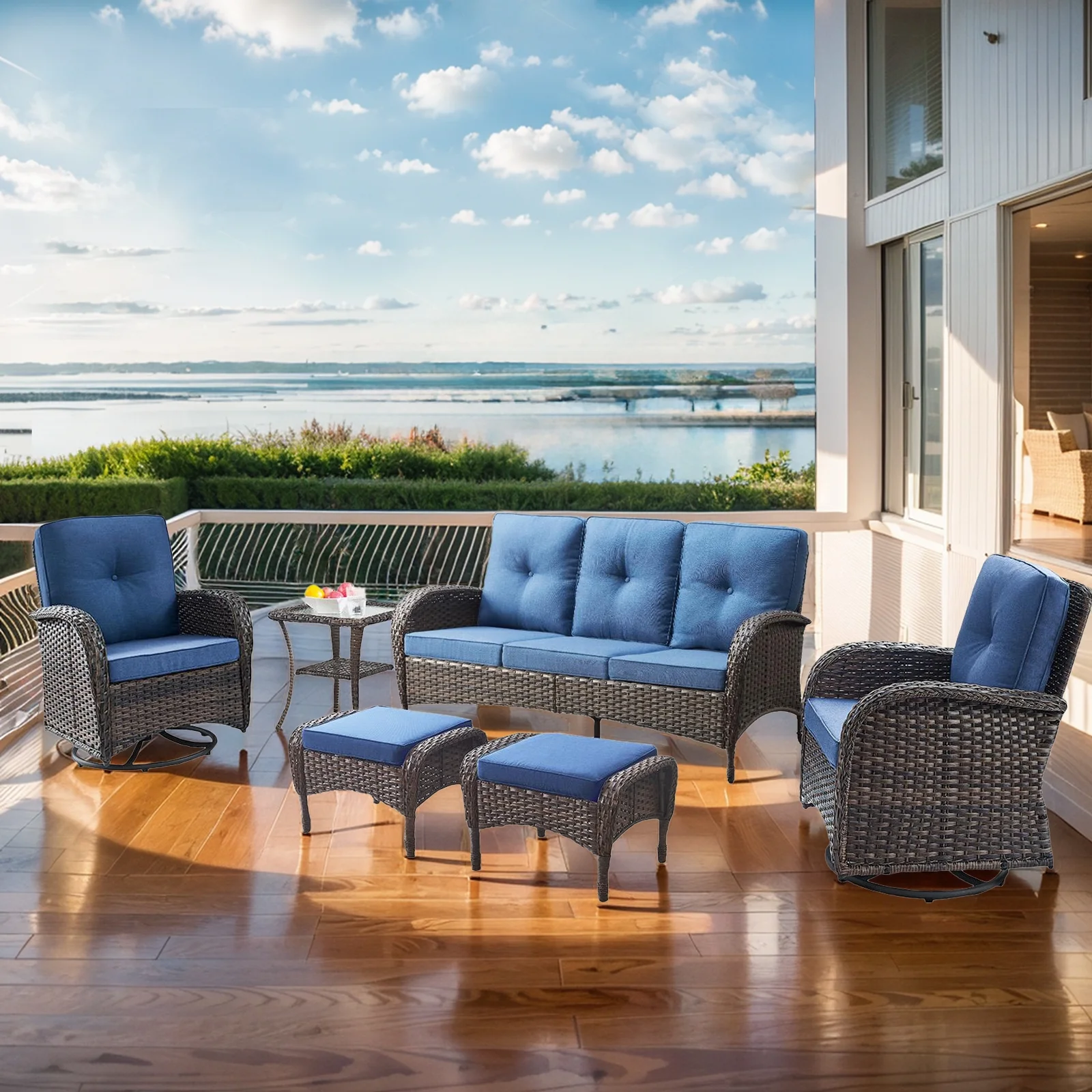 PARKWELL 6-Piece Outdoor Furniture Sets,All-Weather Wicker Patio Sectional Sofa Couch Conversation Sets with Cushions for Balcony,Navy