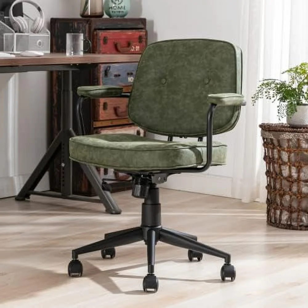 ZFGSUIJN Home Office Chair  Vintage Linen Fabric Armless Desk Chair with Rattan Backrest and Wheels  Swivel Vanity Chair for Bedroom  Beige