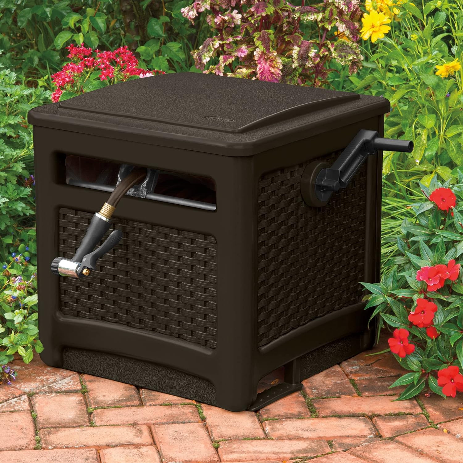 Smart Trak Wicker Garden Hose Reel Guide, Hideaway, Weather-resistant, 225 ft, Brown