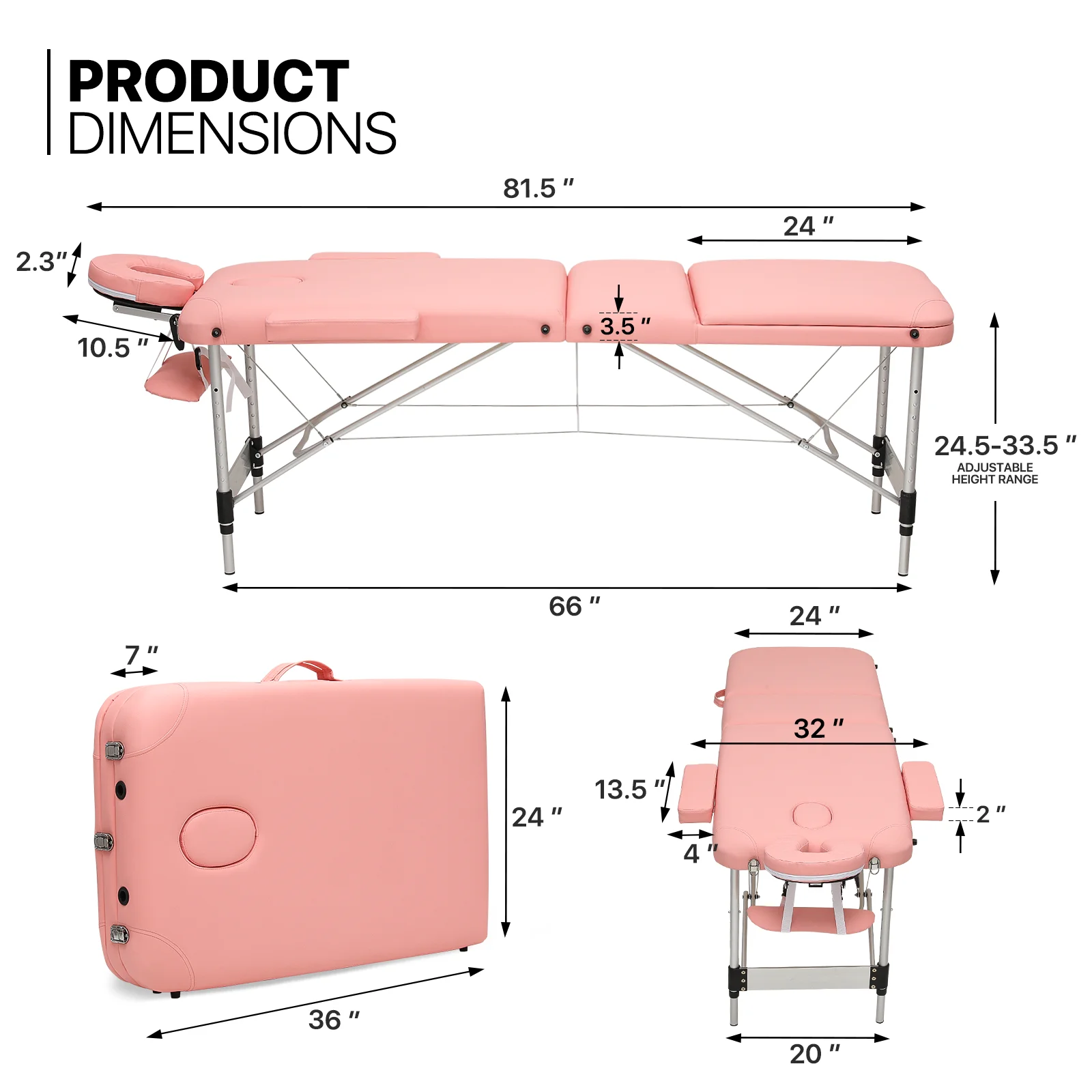 MoNiBloom Foldable Massage Table, Aluminum Alloy Height Adjustable Physiotherapy/Stretching//Tattoo/Salon/Spa/Treatment Bed with Three Fold and Carry Bag, Hold Up to 500Lbs, Pink