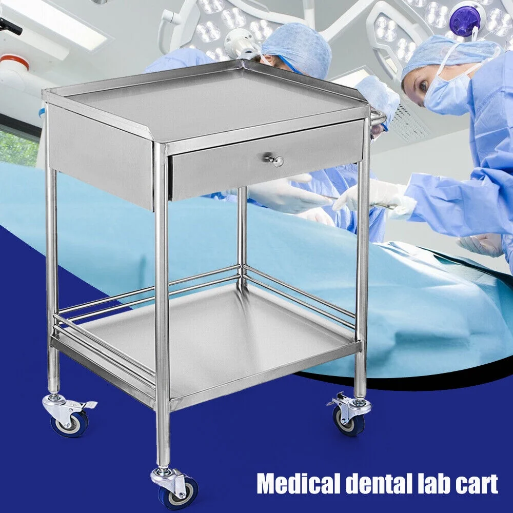Miumaeov 2 Layer Medical Hospital Lab Emergency Rolling Trolley Single Drawer Mobile Stainless Steel Serving Cart Stand with Wheels
