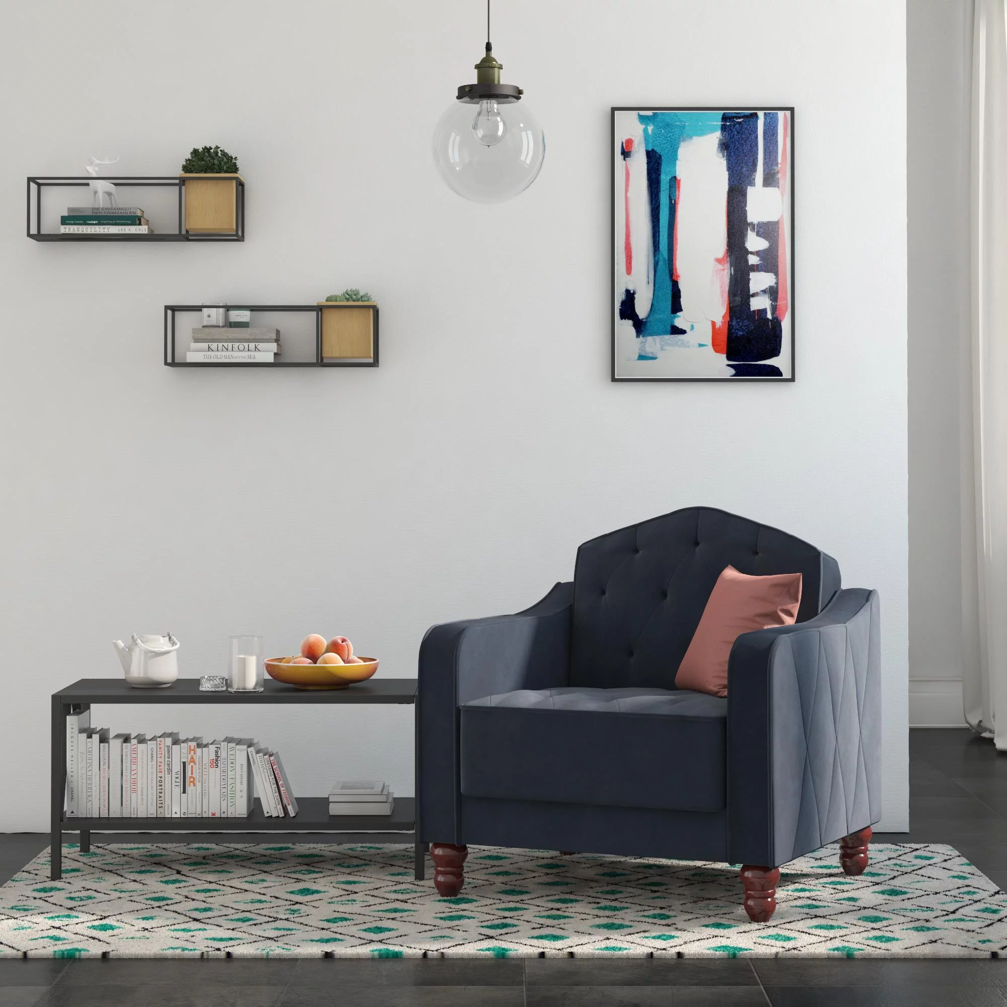 Novogratz Vintage Tufted Armchair, Living Room Furniture, Navy Velvet