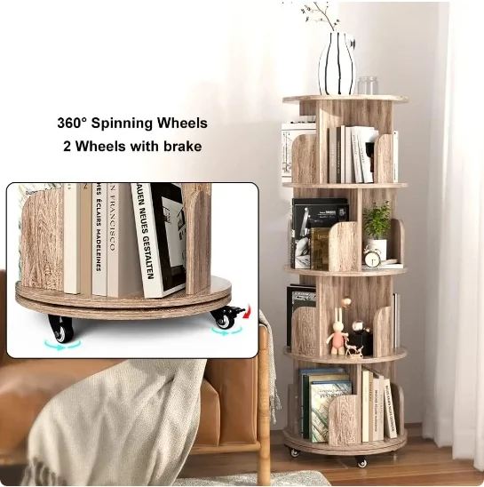 Rotating Bookshelf, 4 Tier Revolving Bookcase with Brake Wheels 360° Display Round Bookshelf Narrow Swivel Corner Bookshelf