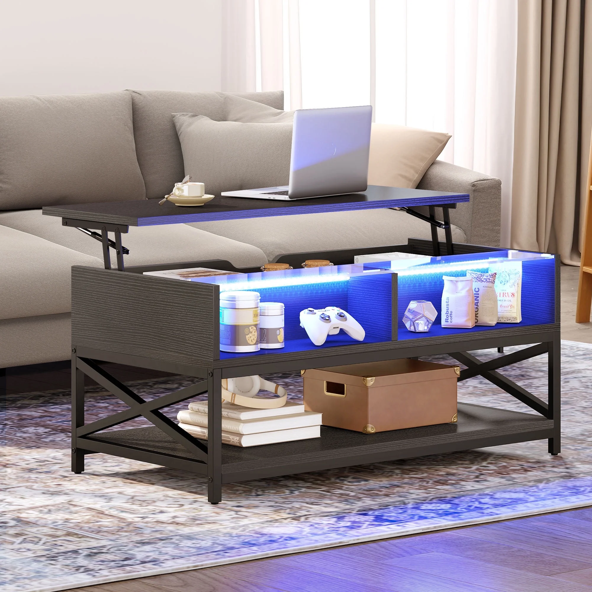 DWVO LED Lift Top Coffee Table with Storage, Farmhouse Center Table for Living Room, Black