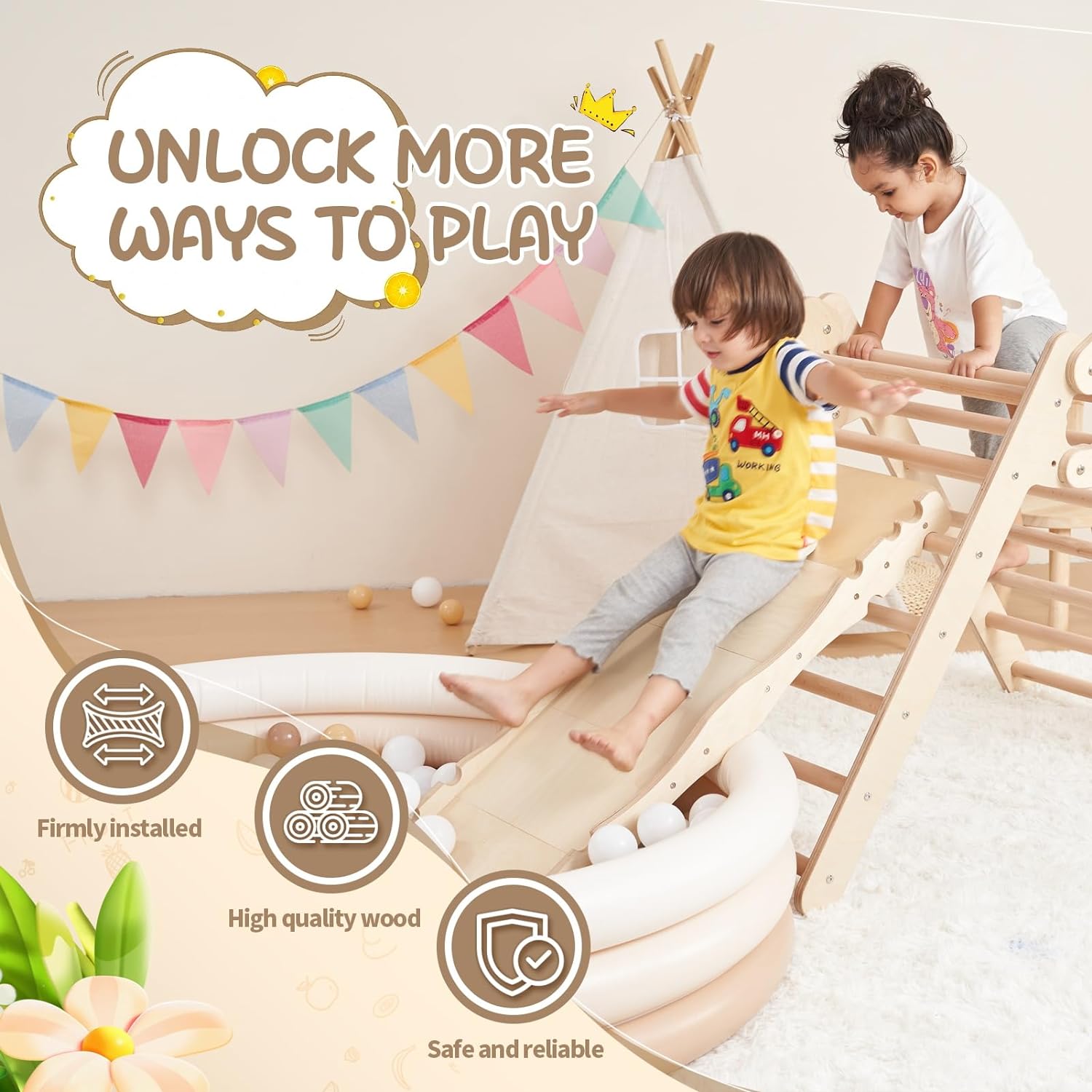 YOUB Large 100 Inch 5 in 1 Pikler Triangle Set, Baby Climbing Toys Indoor Playground, Foldable Toddler Climbing Toys, Wooden Montessori Climbing Set for 1-10 Years, Jungle Gym for Kids, 2024 New