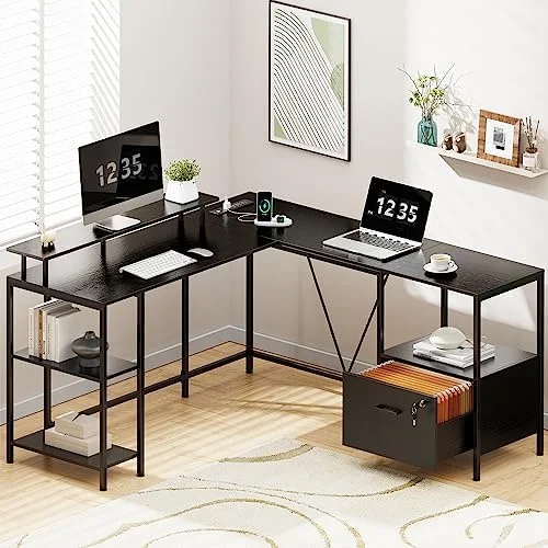 FDSHOIYN L Shaped Computer Desk with Power Outlets & LED Lights  Reversible Computer Desk with File Cabinet &  Shelves  Corner Desk Home Office Desk  Rustic Brown