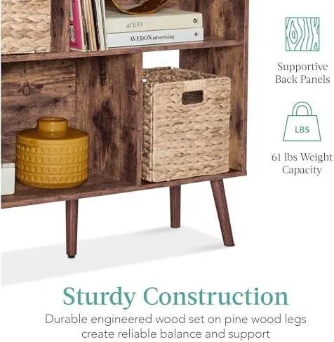 YFbiubiulife 3-Tier Mid-Century Modern Wooden Bookcase  6-Cube Organizer for Nursery   Room  Living Room  w/Removable Back Panels  Pine Legs - Walnut