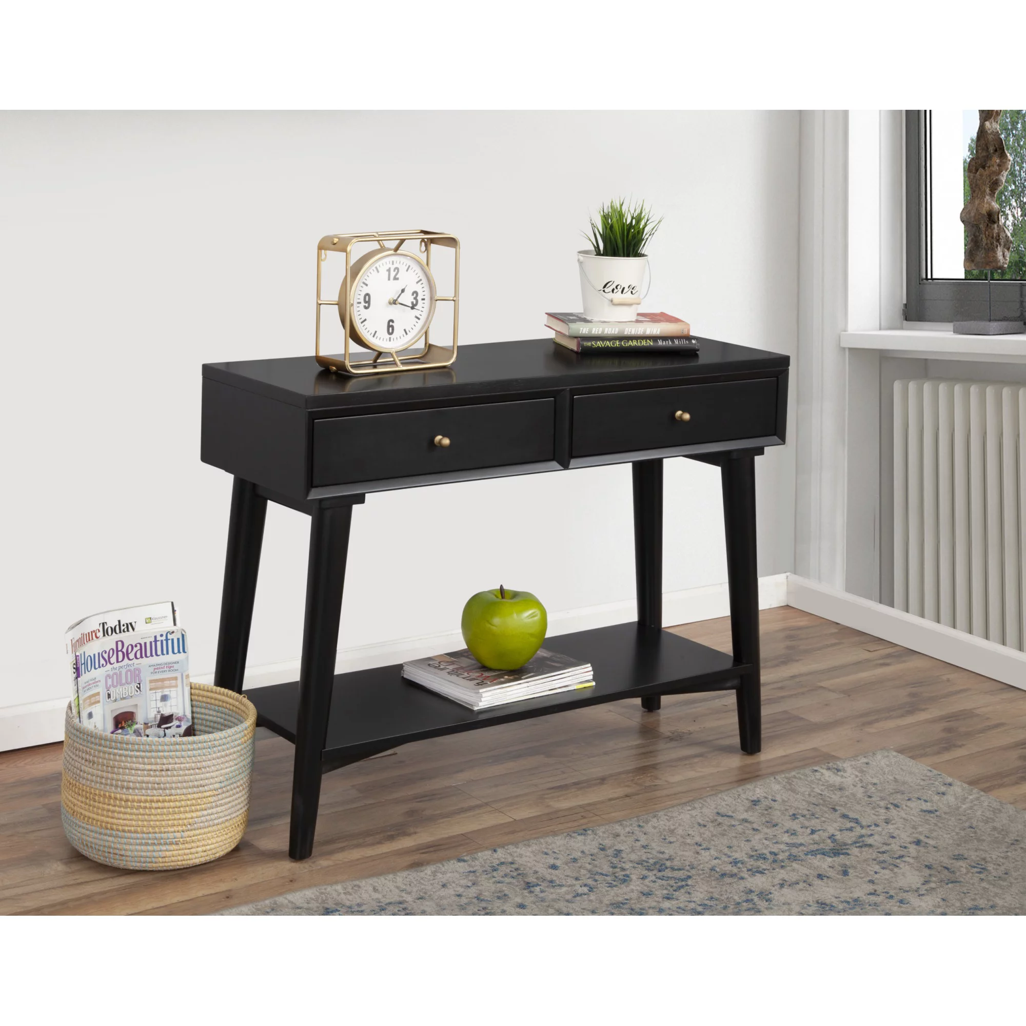 Alpine Furniture Flynn Wood Console Table with 2 Drawers in Black