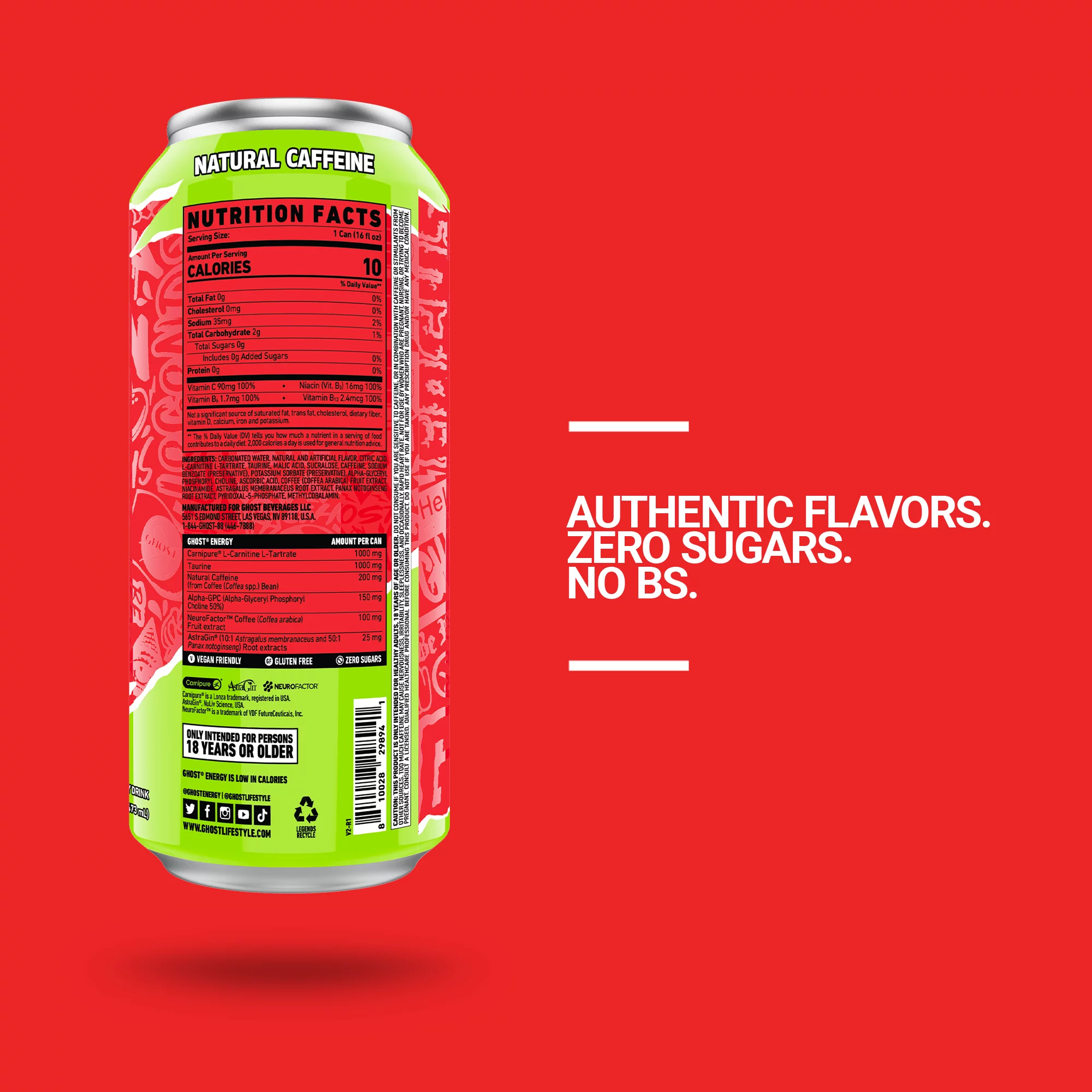 GHOST Zero Sugar Energy Drink, Cherry Limeade, 16 oz Can, 12 Pk