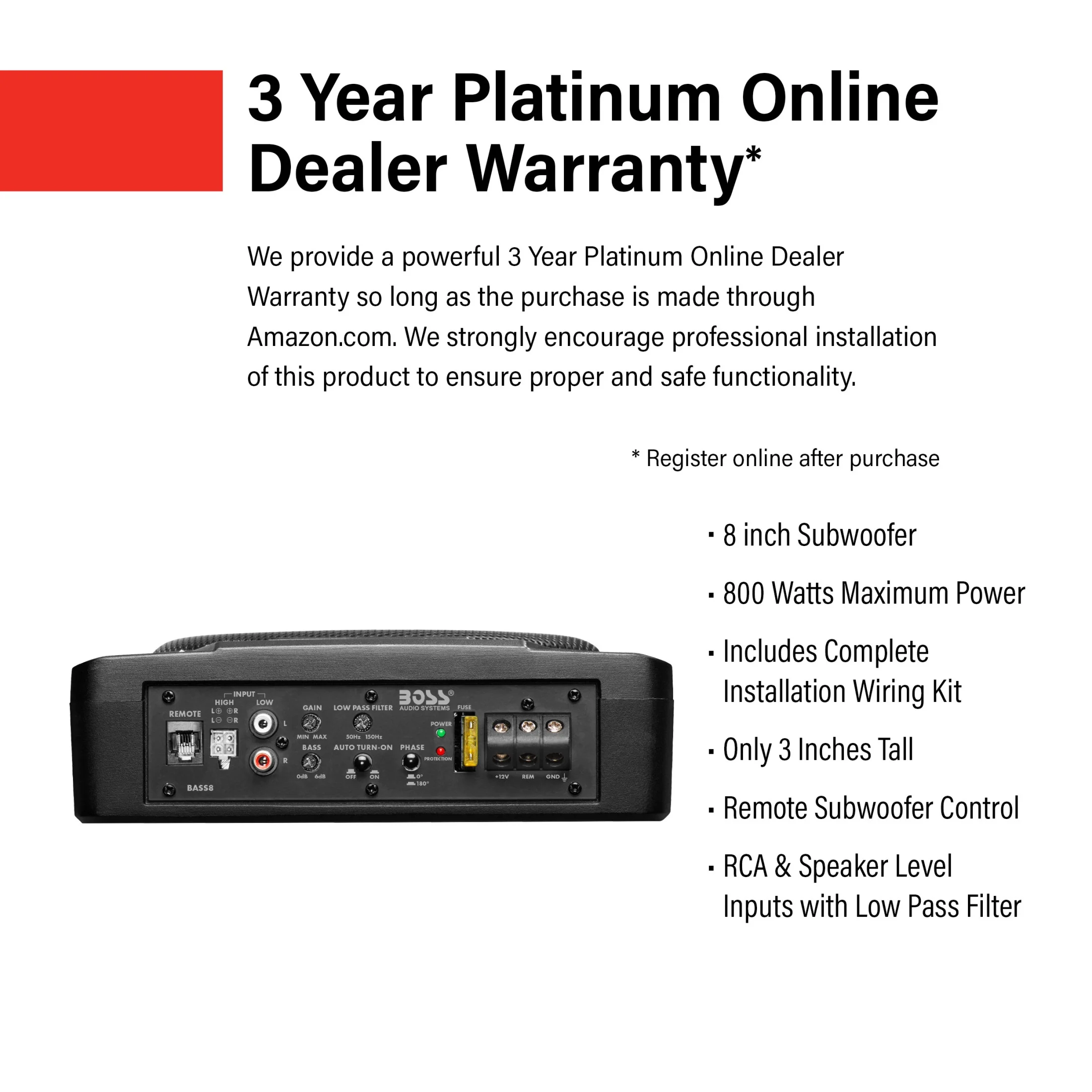 BOSS Audio Systems BASS8K 8 Inch Powered Under Seat Car Subwoofer and 8 Gauge Amp Wiring Kit Package - 800 Watts Max, Single 4 Ohm Voice Coil, Built-in Amp, Remote Subwoofer Control, Sold Individually