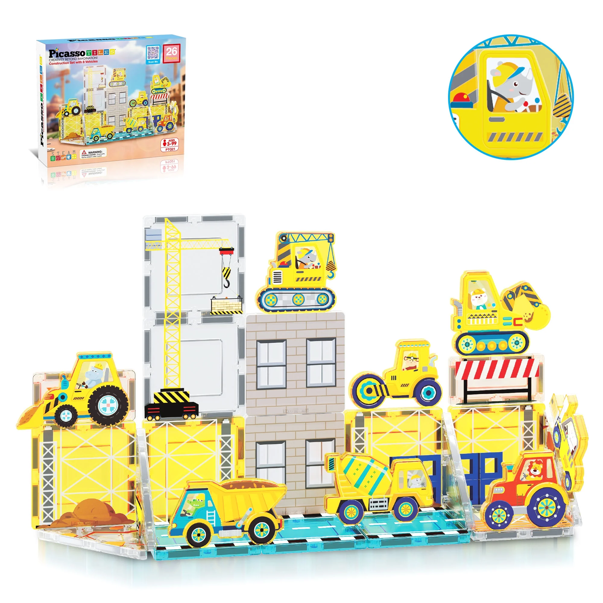 PicassoTiles 26 PC Construction Themed, Magnetic Tiles, Magnetic Building Blocks for Kids, Magnet for Kids 3+