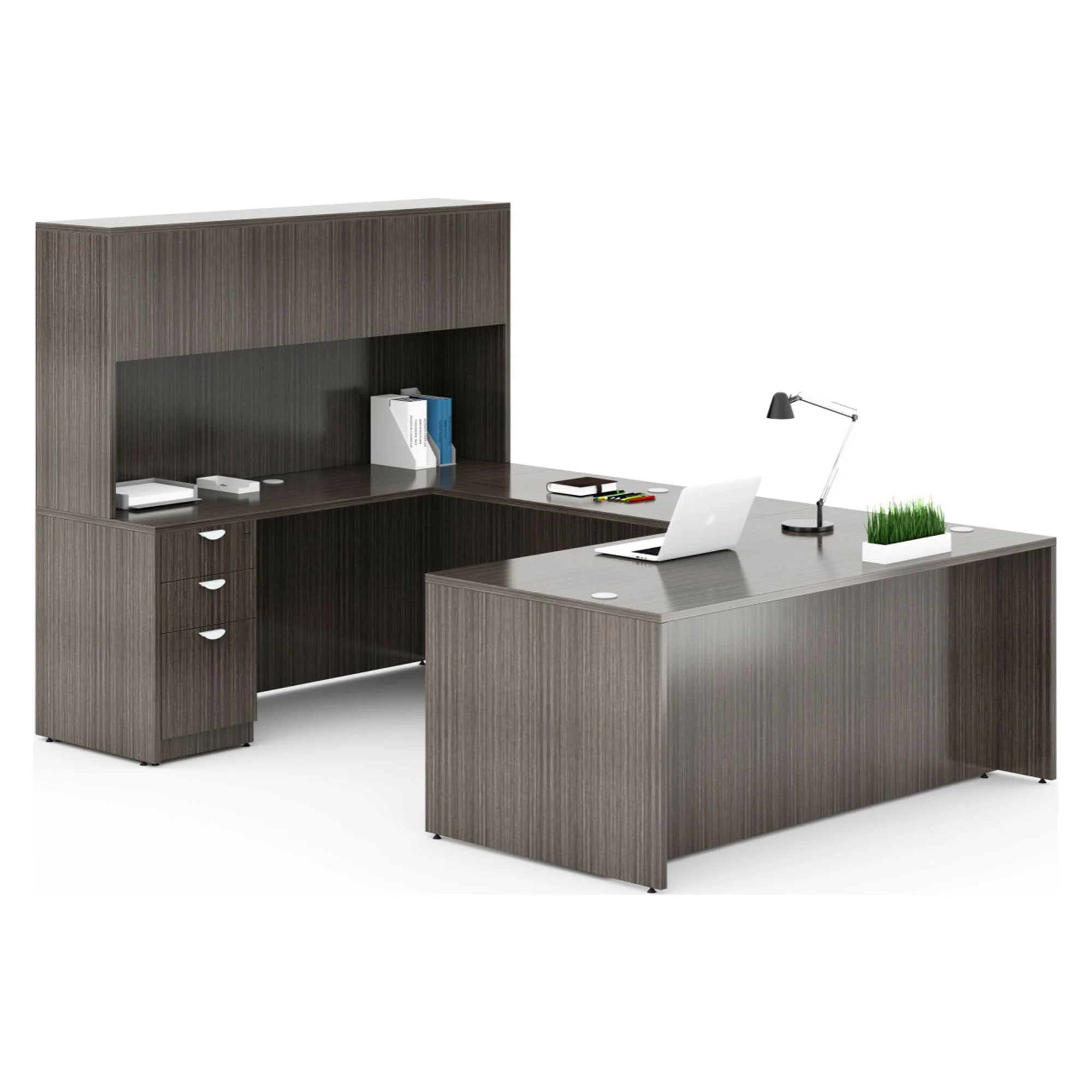 Boss Office Products 66 Inch Executive U-Shape Desk with Box/Box/File Storage Pedestal and 4 door Hutch, Driftwood