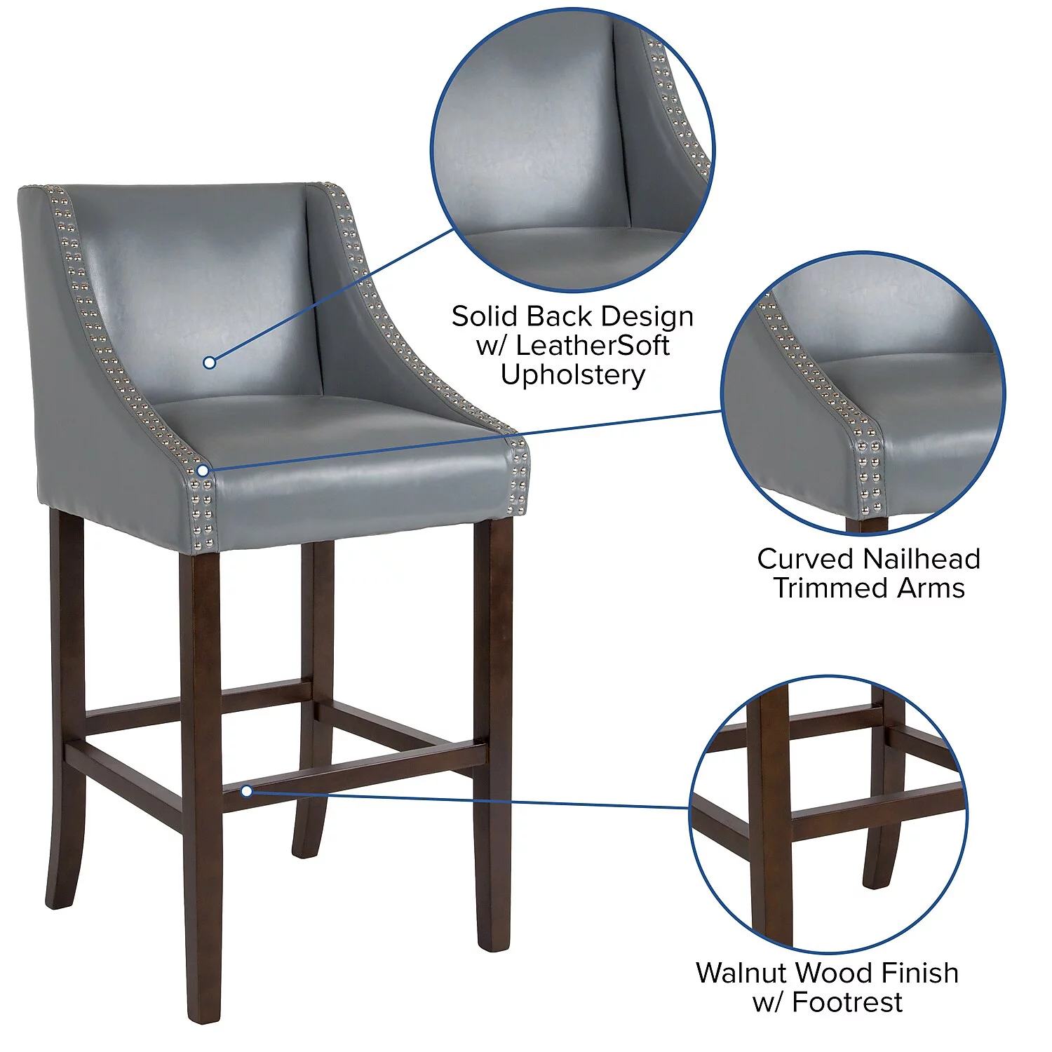 Flash Furniture Carmel Transitional Faux Leather Barstool, Light Gray, Set of 2