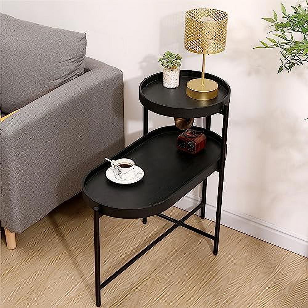 TQSBRZJ Round  2 Tier Irregular Coffee Table End Table Accent Sofa Table Small Table with Metal Frame for Living Room Bedroom (Black)