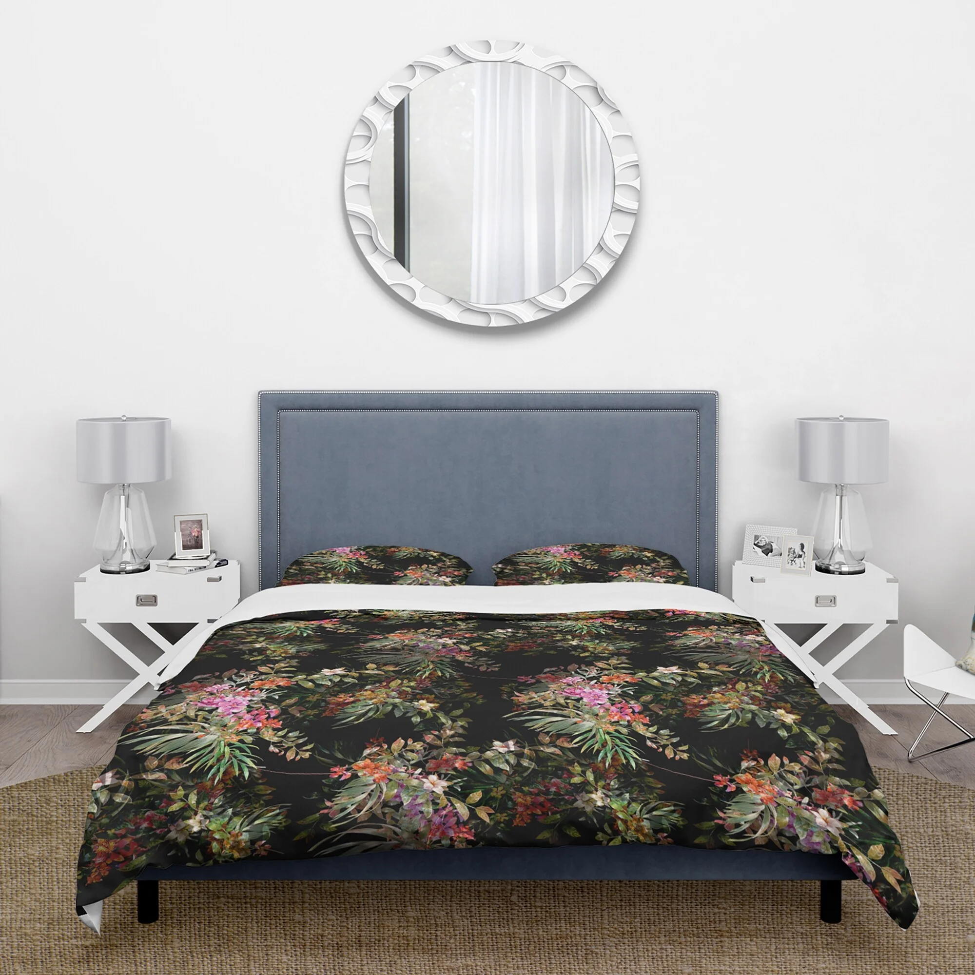 DESIGN ART Designart 'Palm Leafs And Flowers On Grunge Black Background' Traditional Duvet Cover Set Full - Queen