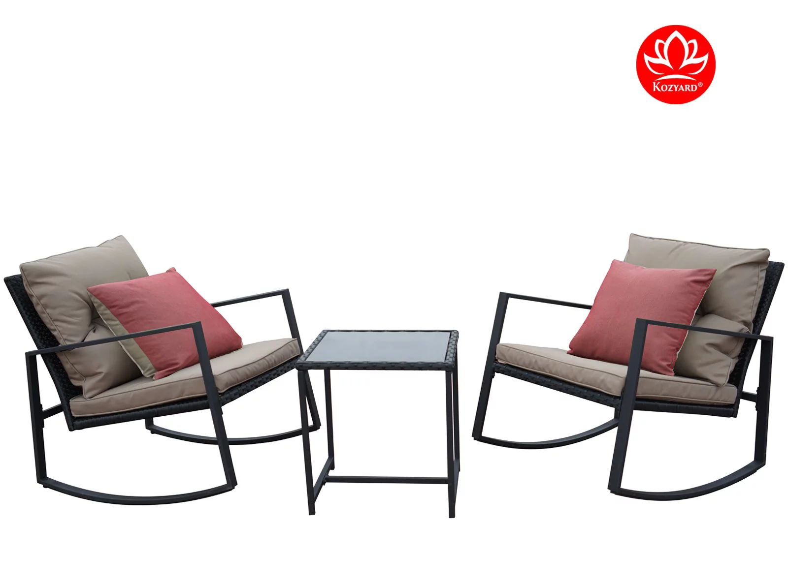 Moana Outdoor 3-Piece Rocking Wicker Bistro Set, Two Chairs and One Glass Coffee Table, Black Wicker Furniture (Taupe Cushion + Red Stripe Pillow)