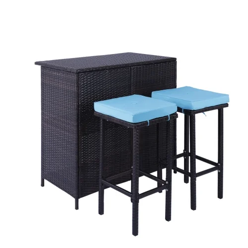 3-Piece Outdoor Conversation Bar Set, of All Weather PE Rattan and Steel Frame Furniture with Two Removable Cushions for Outside Backyards,Porches,Gardens or Poolside(Brown+Blue)