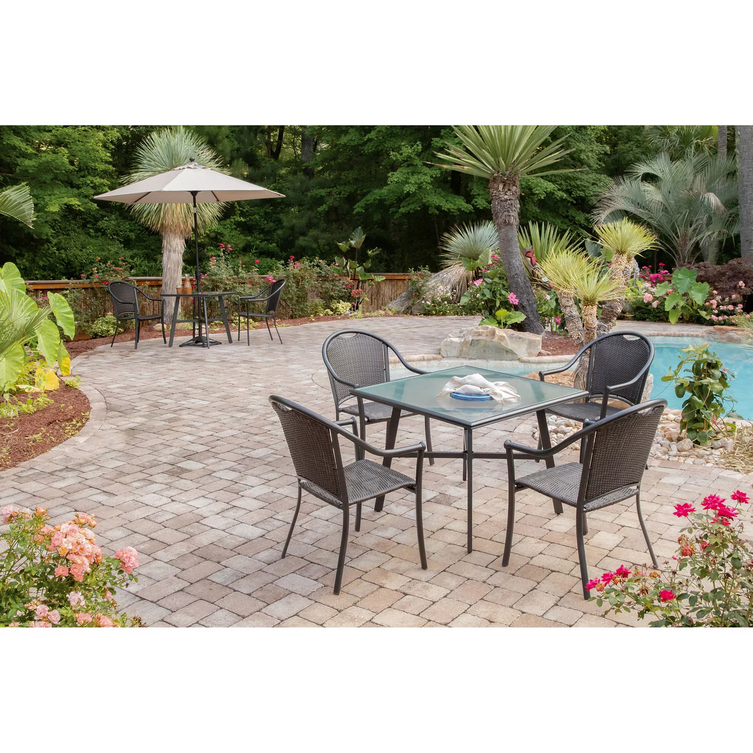 Hanover Bambray 5-Piece Commercial-Grade Patio Set with 4 Woven Dining Chairs and a 38-In. Glass-Top Dining Table