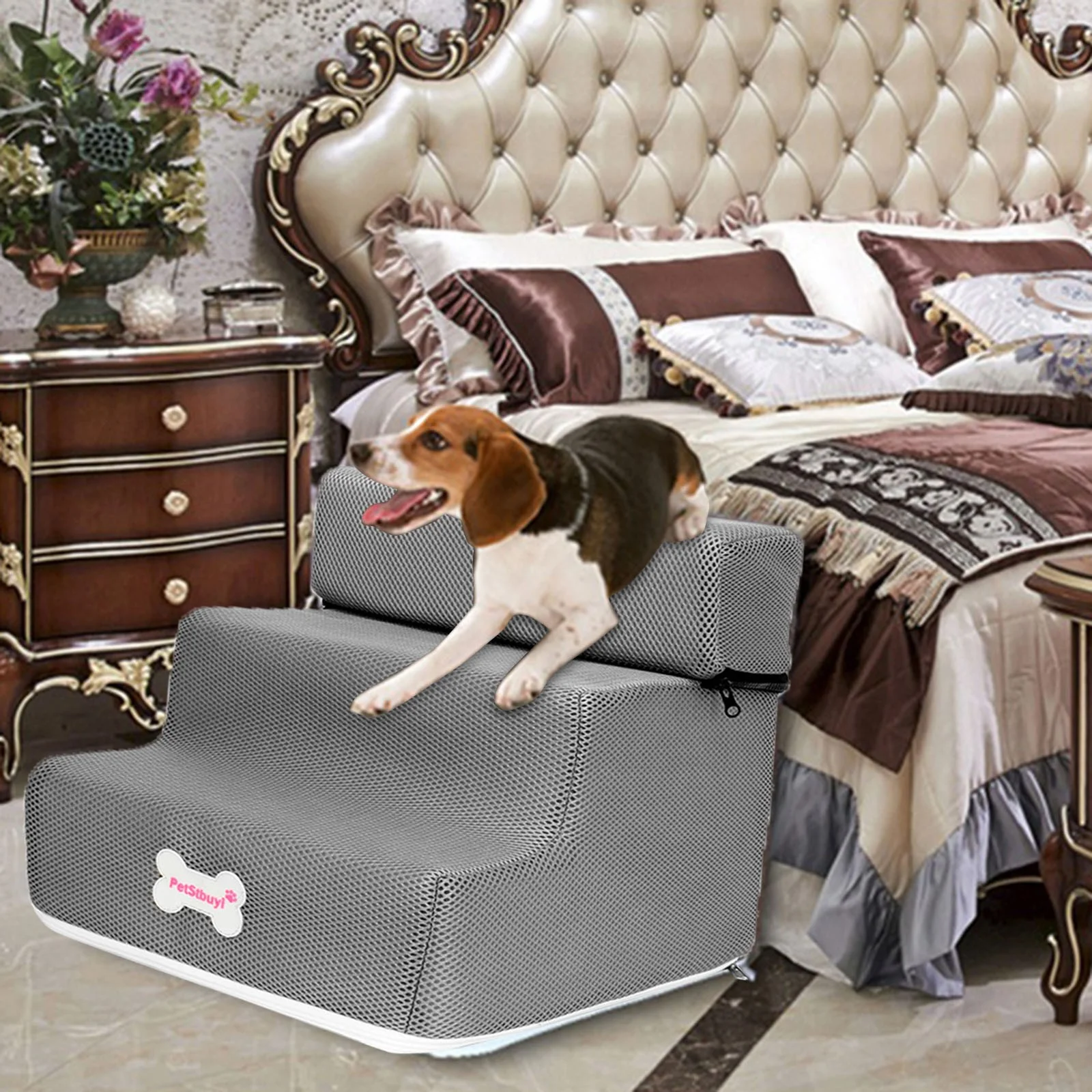 AaSEJEG 4th of July Decorations 3 Step Dog Step Stairs,Adder Cover Removable Comfortable Non-Slip Dog Ramp Staircases Suitable For Small Dogs(Gray)