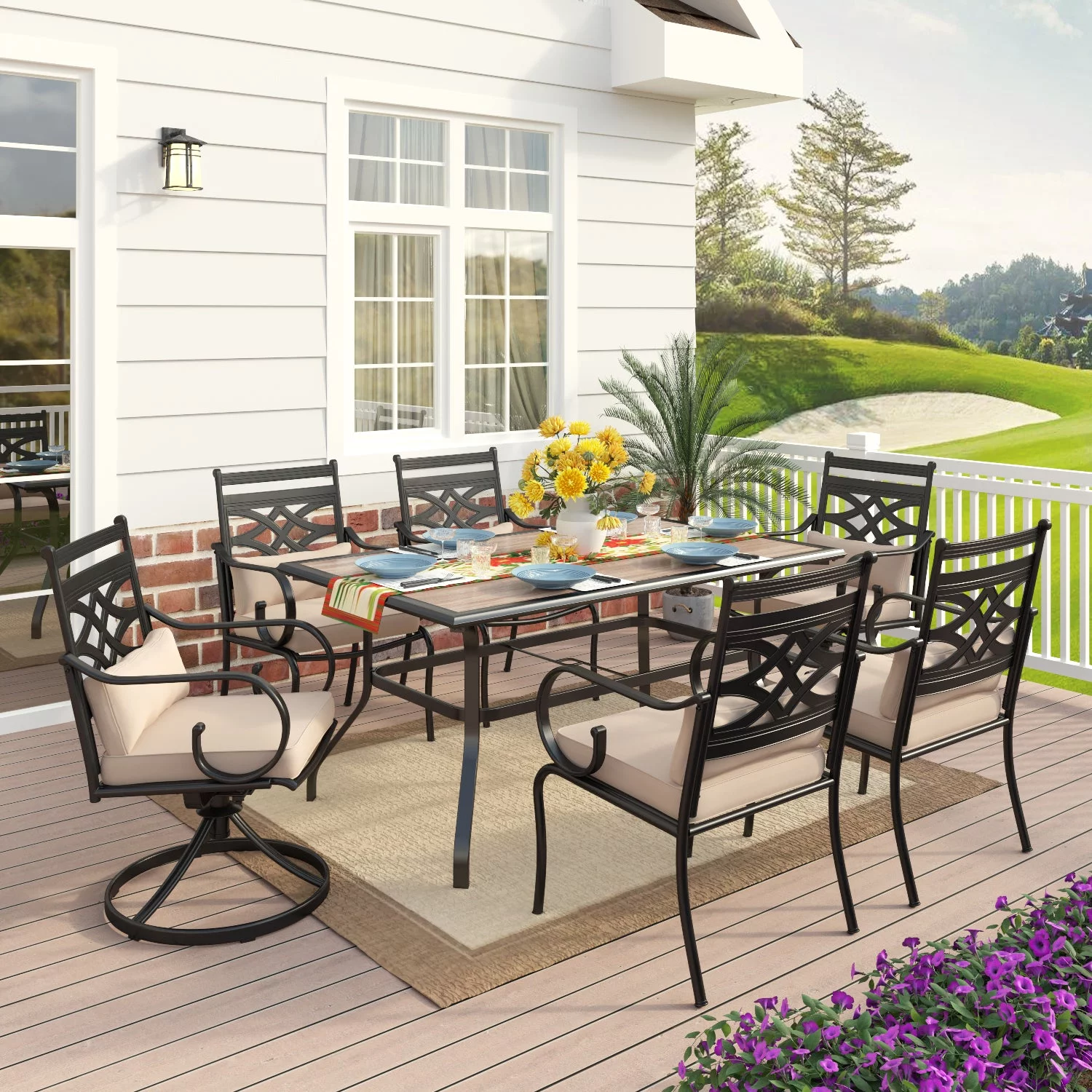 MF Studio 7-Pieces Outdoor Patio Dining Set, 4-Pieces Ding Chairs, 2-Pieces 360 Degree Swivel Chairs & 1-Piece Rectangle Metal Table for Yard