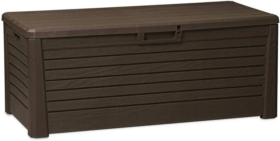 Florida Weather Resistant Heavy Duty 145 Gallon Novel Plastic Outdoor Storage Deck Box With Lockable Lid And 793 Pound Weight Capacity, Brown