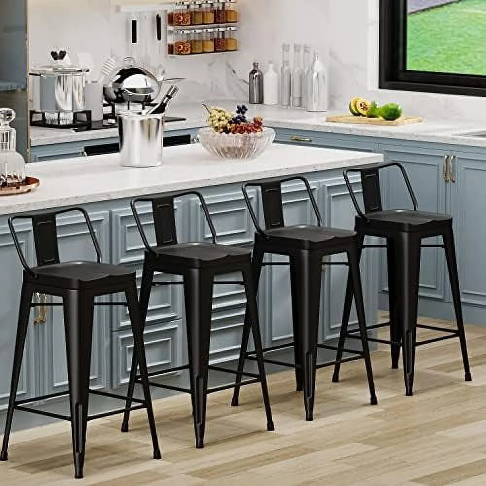 WTYNKAE Metal  Stools Set of 4 Counter Height Stools 26 Inchs Counter Stools with Backs Black  stools with Backs  Height Stools 26" Ergonomic Seat  Low Back  Matte Black