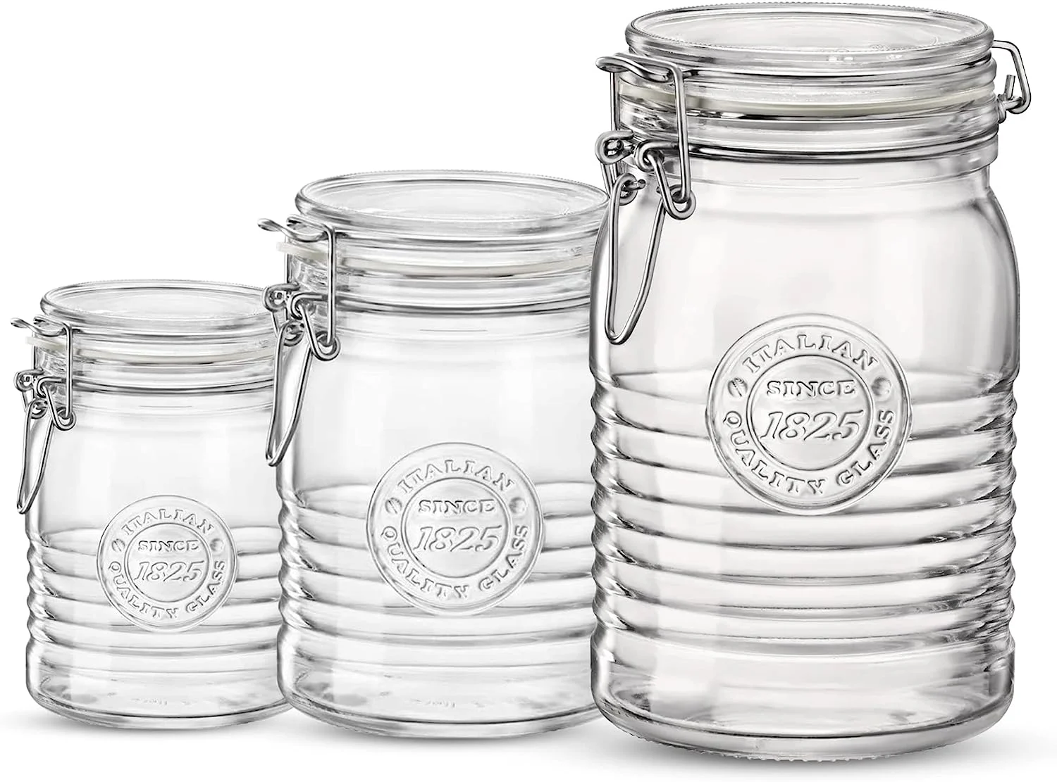 Bormioli Rocco Officina 1825 Variety Pack, Set Of 3 Glass Jars, Wide Opening, With Airtight Hinged Lid, clear