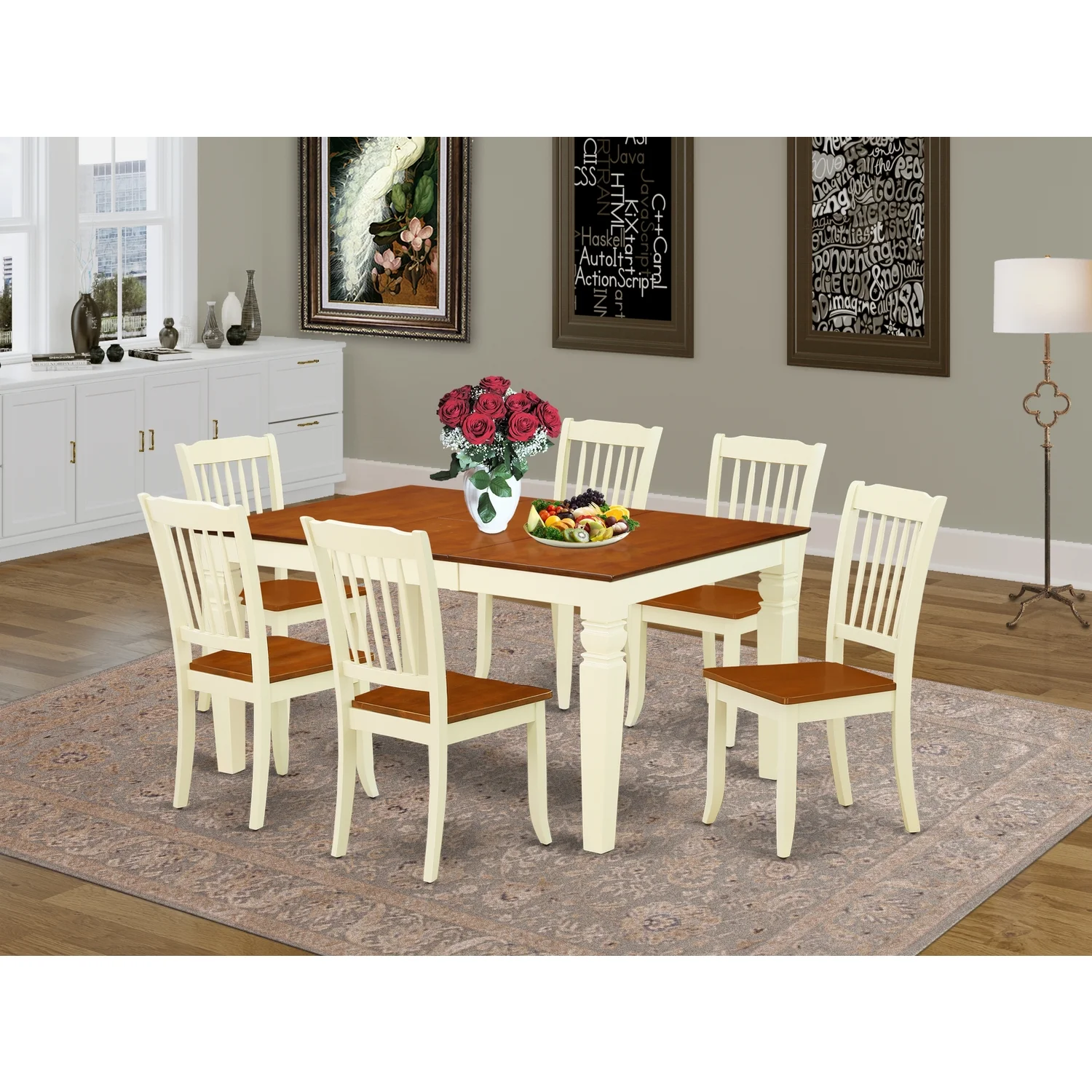 East West Furniture Weston 7-piece Wood Dining Table Set in Buttermilk/Cherry
