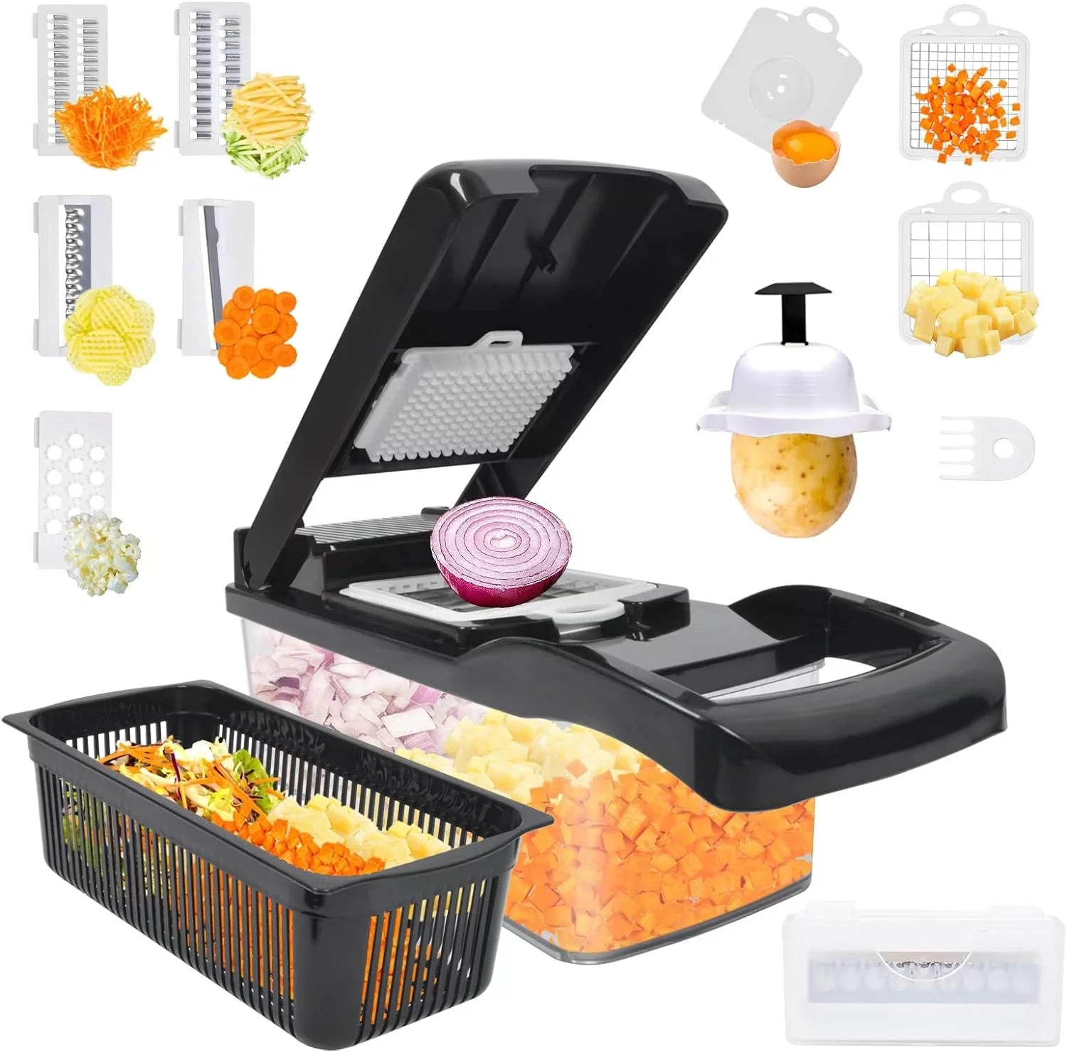 Vegetable Chopper,12-in-1 Multifunctional Veggie Chopper, Black Kitchen Vegetable Slicer Dicer Cutter,Potato Onion Food Chopper with Vegetable Peeler,Hand Guard and Container