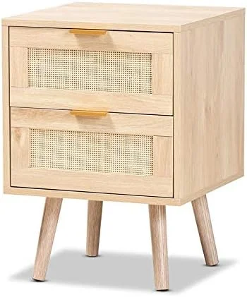 Mid-Century Modern Light Oak Brown Finished Wood and Rattan 2-Drawer Nightstand