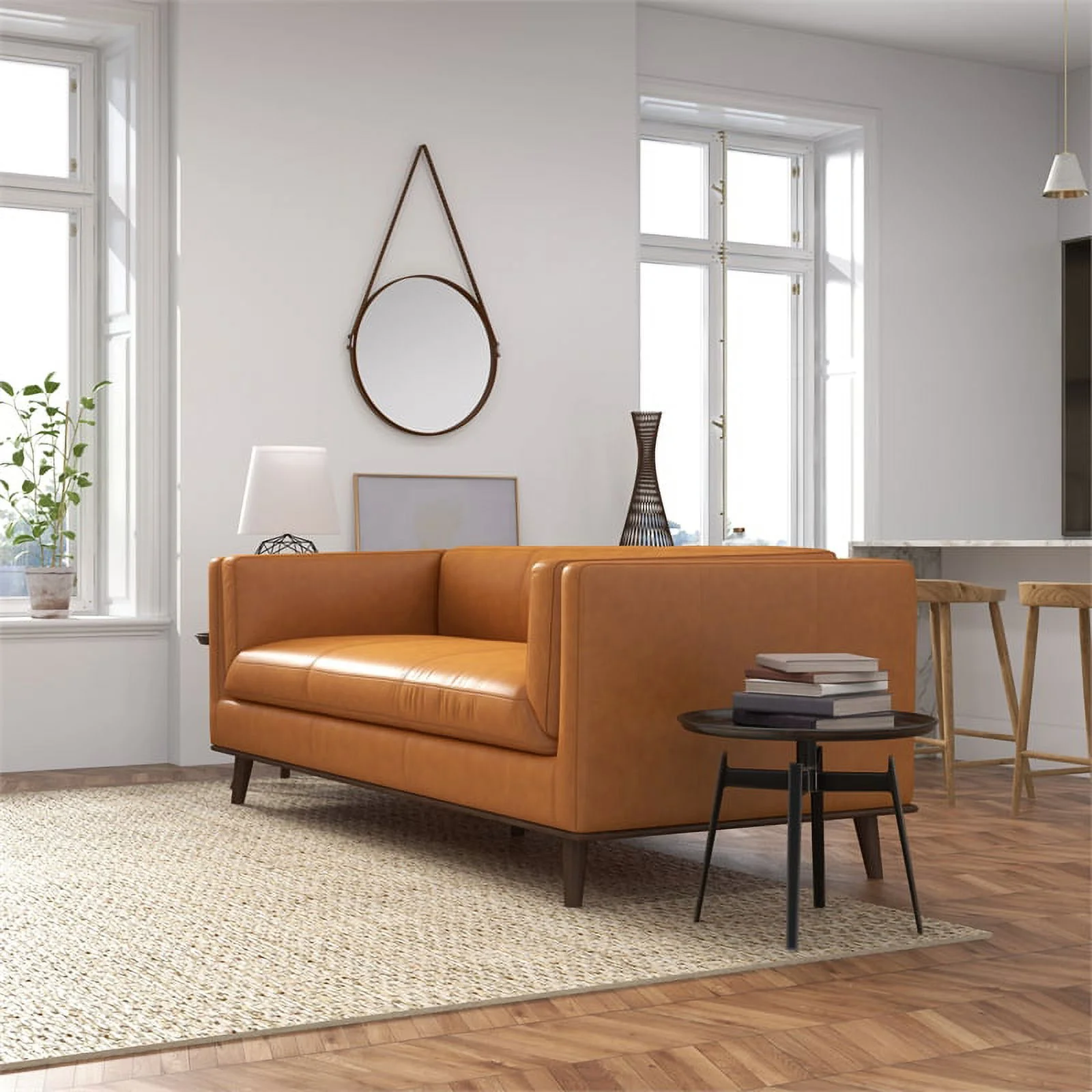 Dolomite Mid Century Modern Living Room Genuine Leather Sofa in  Cognac Tan