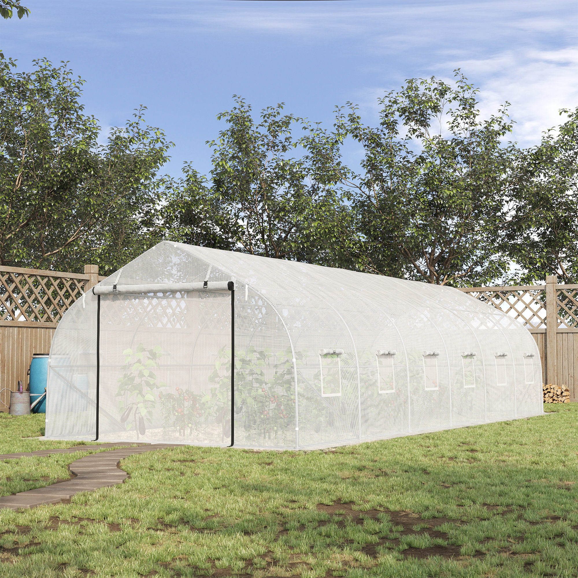 26' x 10' x 7' Walk-In Greenhouse Tunnel with Windows, Zipper Doors, White