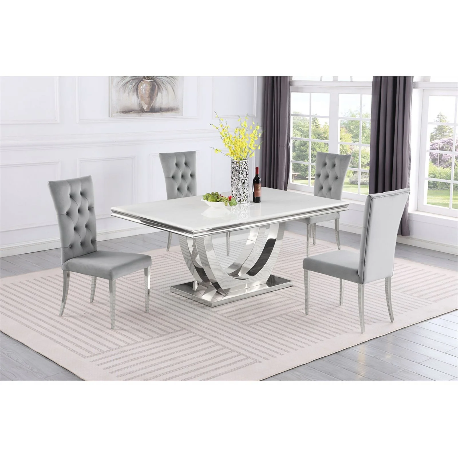 Pemberly Row Silver Faux Marble Pedestal Dining Table (Seats 6)