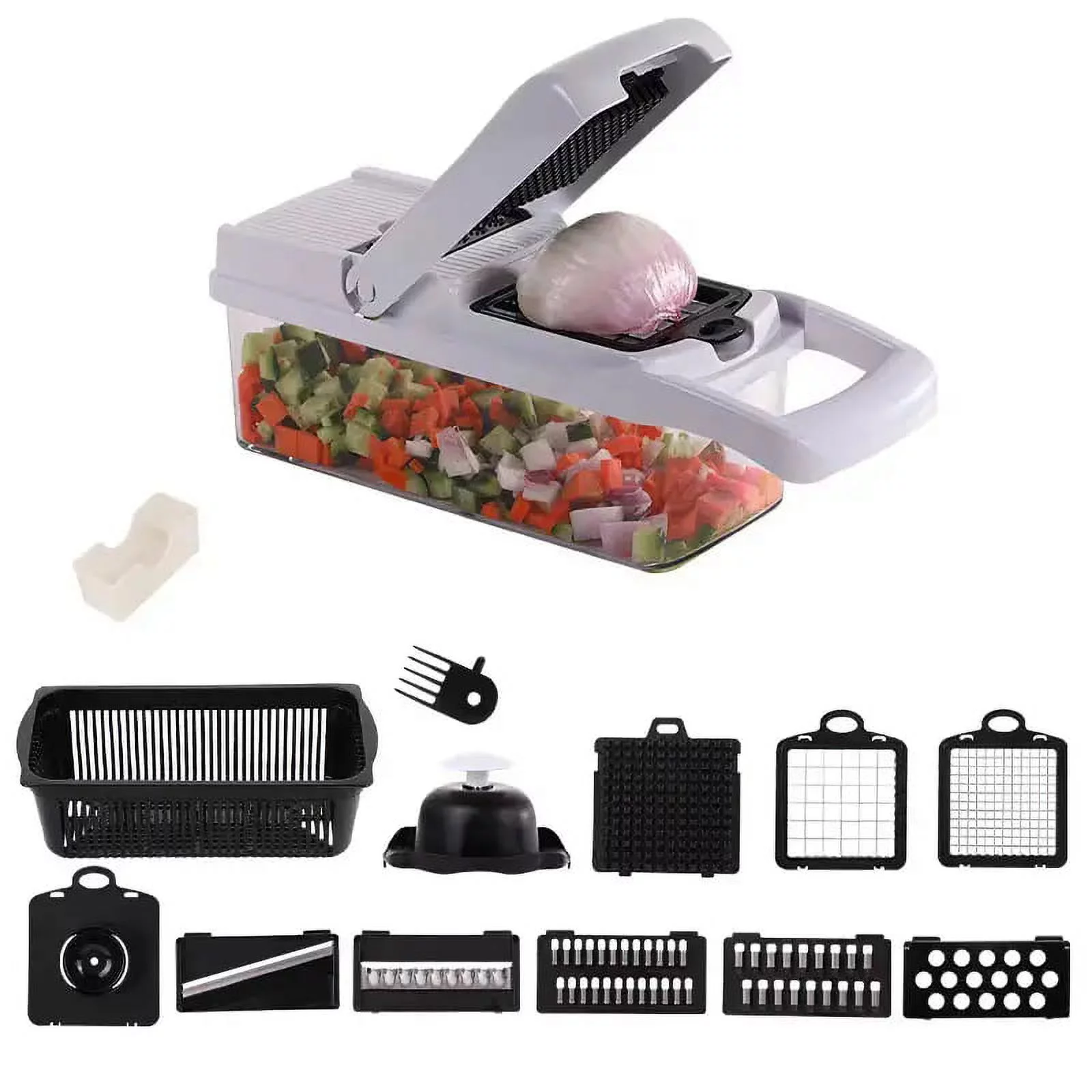 15-in-1 Multipurpose Vegetable Chopper - Multifunctional Food Slicer, Dicer, and Cutter for Kitchen Salad Prep - Includes 8 Blades, Container, and Garlic/Carrot Chopper - Essential Kitchen Tool