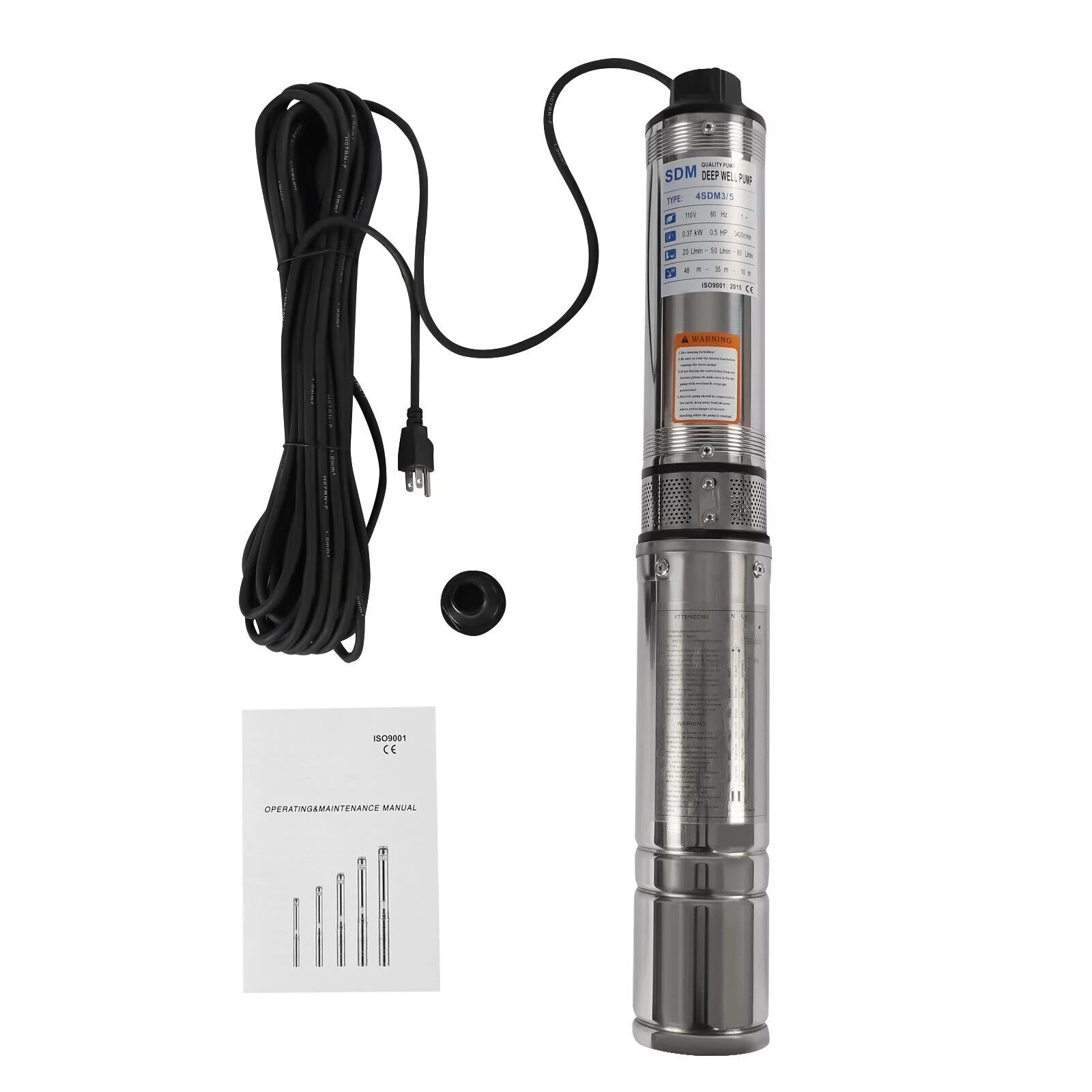 ZhdnBhnos 110V 370W Electric Powered Deep Well Pump 1/2HP 16GPM Submersible Pump Stainless Steel Water Pump