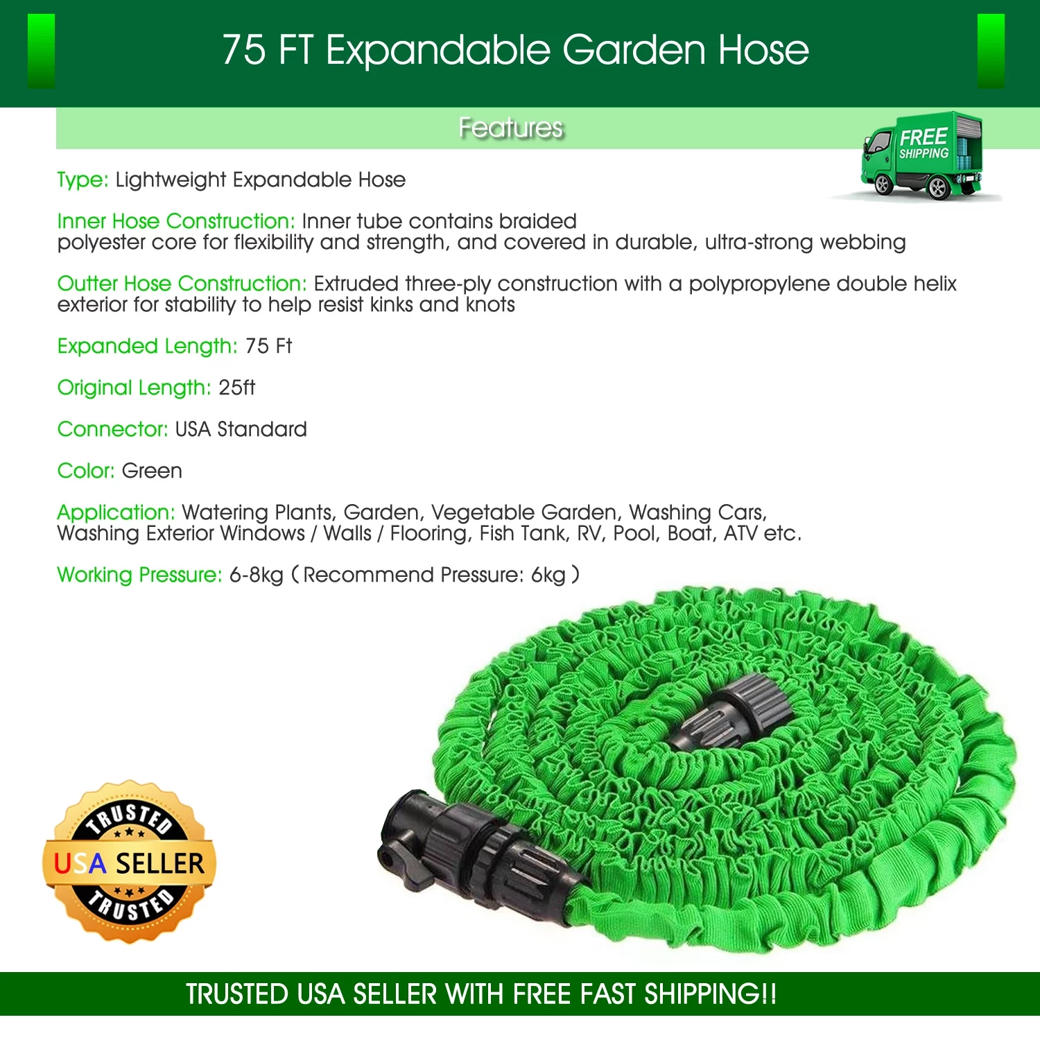 Garden Hose 75 feet Expandable Green Lightweight Heavy Duty Flexible Water Hose